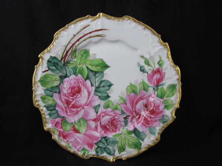 French Porcelain Gilded and HandPainted Rose Dinner Plates, Set of Six