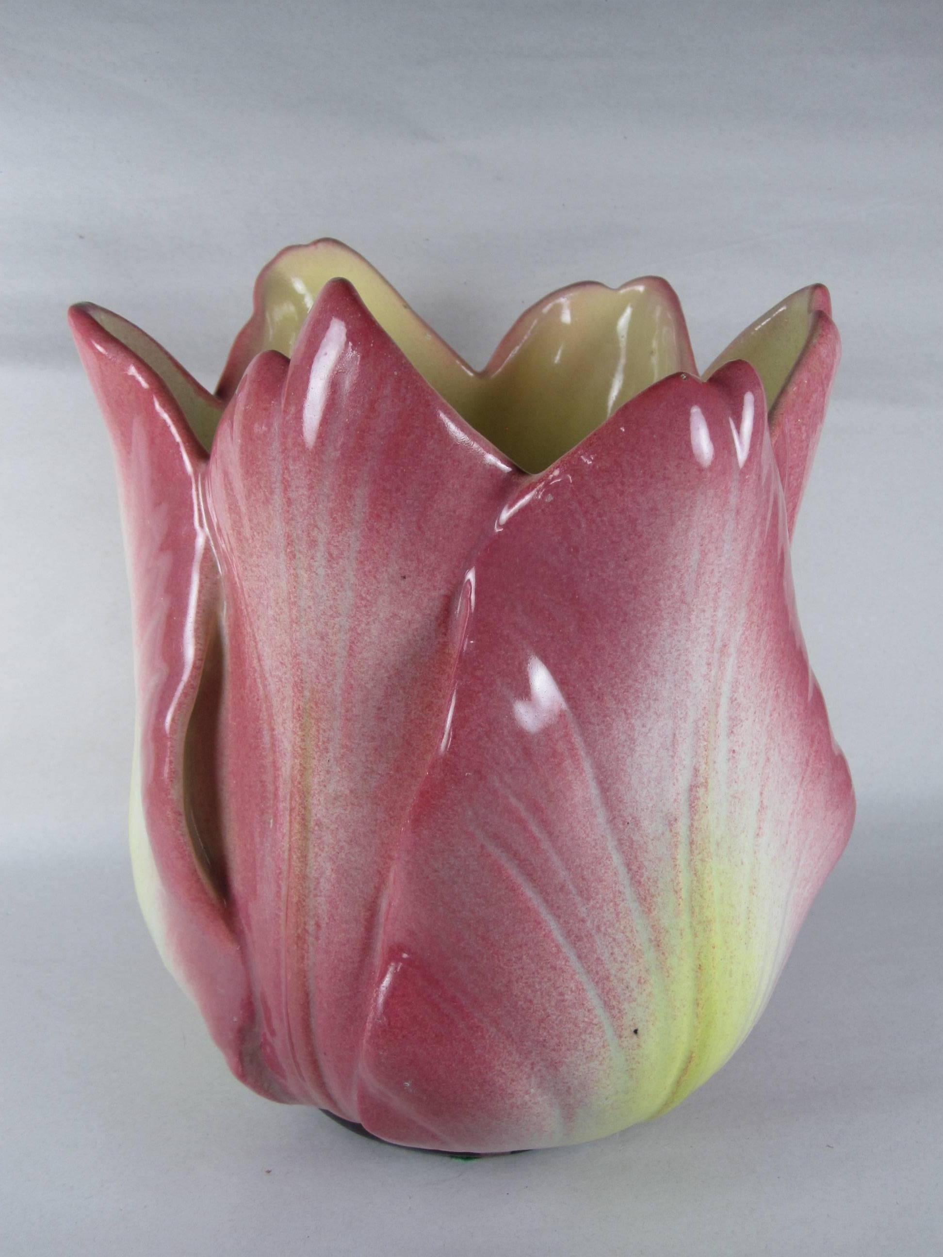 Glazed Monumental French Delphin Massier Majolica Tulip Jardinière, Signed