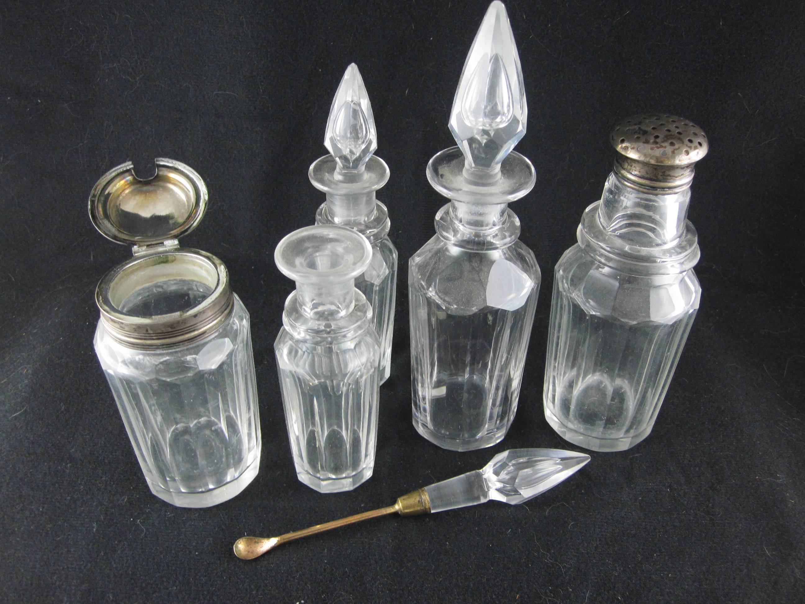 Faceted 19th Century English Silver Plate and Cut-Glass Cruet Castor Service, 17 pieces