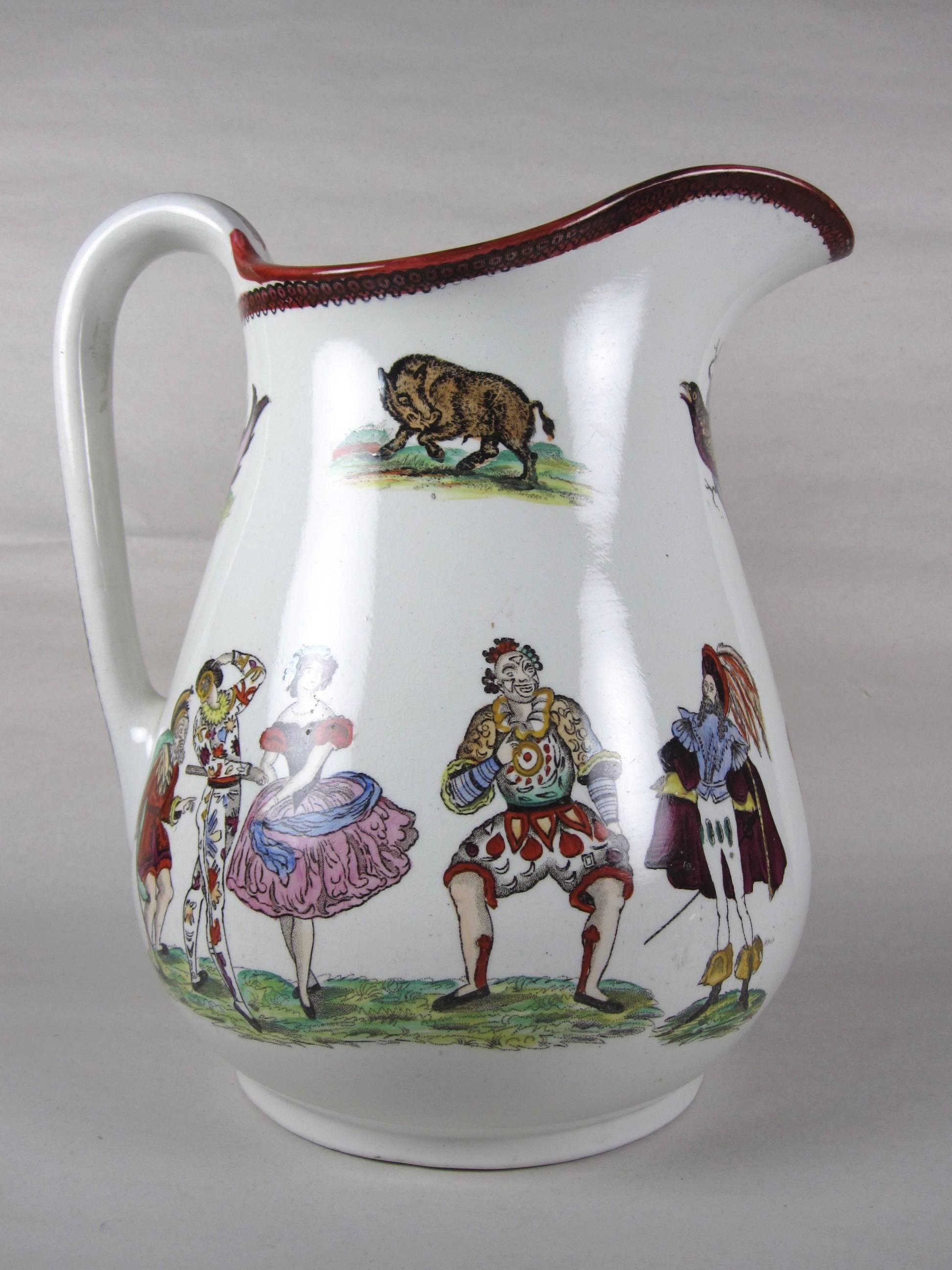 An oversize white ironstone Staffordshire jug or ewer with hand-colored, transferware images of animals, humorous vignettes and theatrical figures of dancers and clowns, 19th century. This jug is in the highly collectible and much sought after