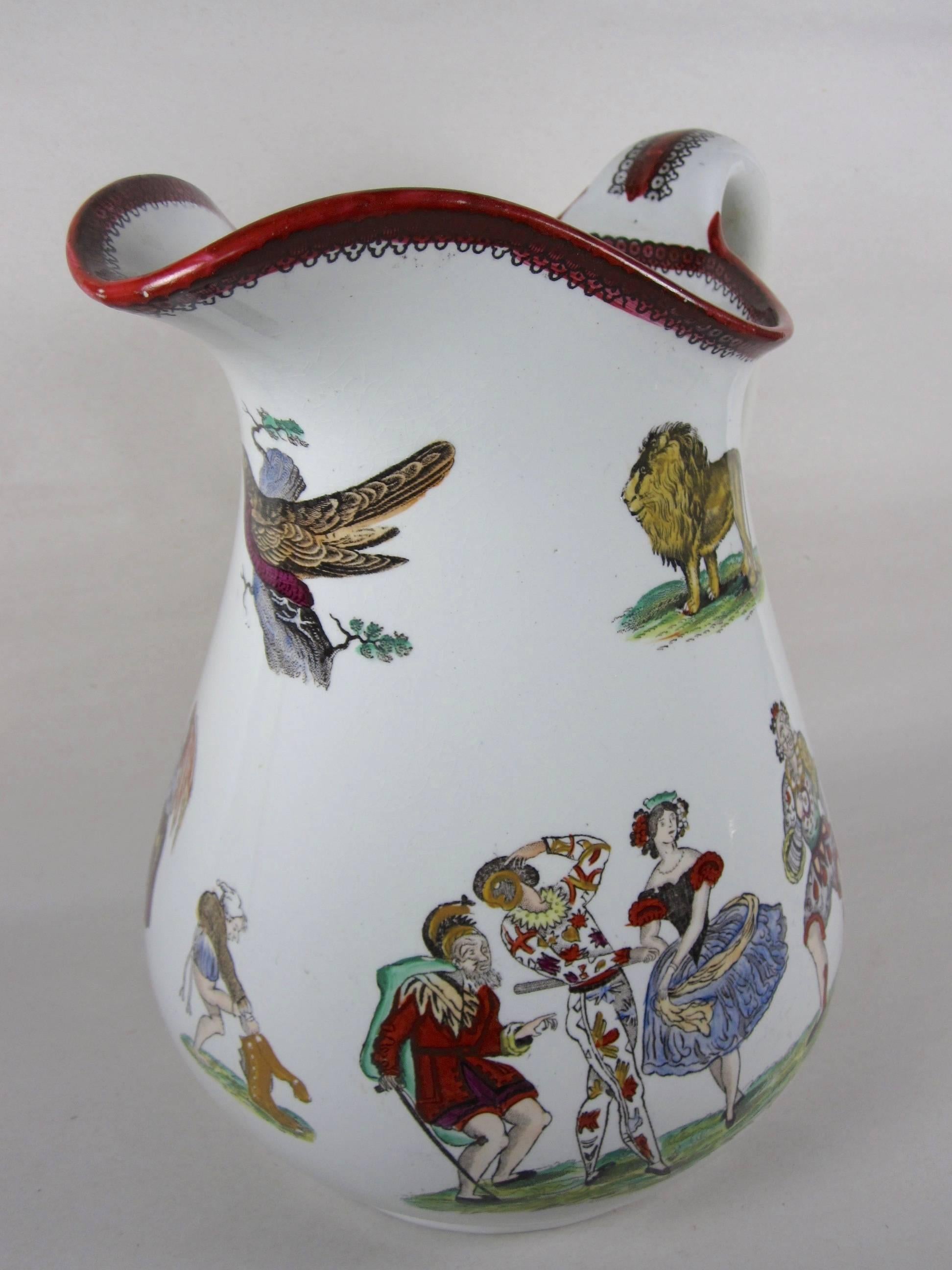 English Staffordshire Ironstone Elsmore & Forster Harlequin Theater Jug In Good Condition In Philadelphia, PA