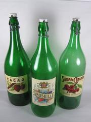 Set of Three Large Vintage French Brasserie or Bistro Green Glass Sirop Bottles