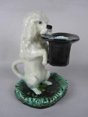 Serreguemines French Majolica Begging Poodle Candlestick