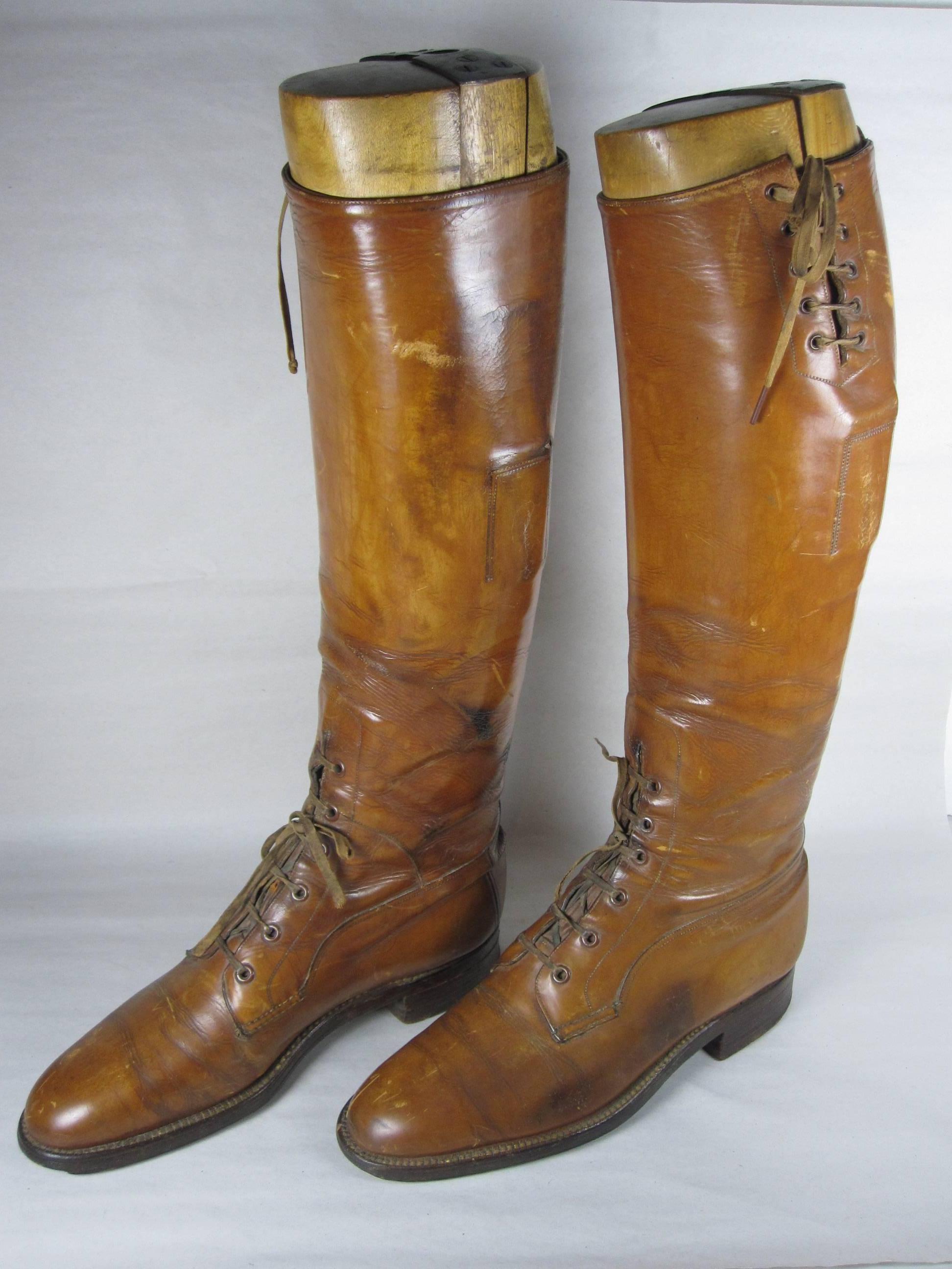Leather Edwardian English Equestrian Riding Boots with Original Wooden Trees