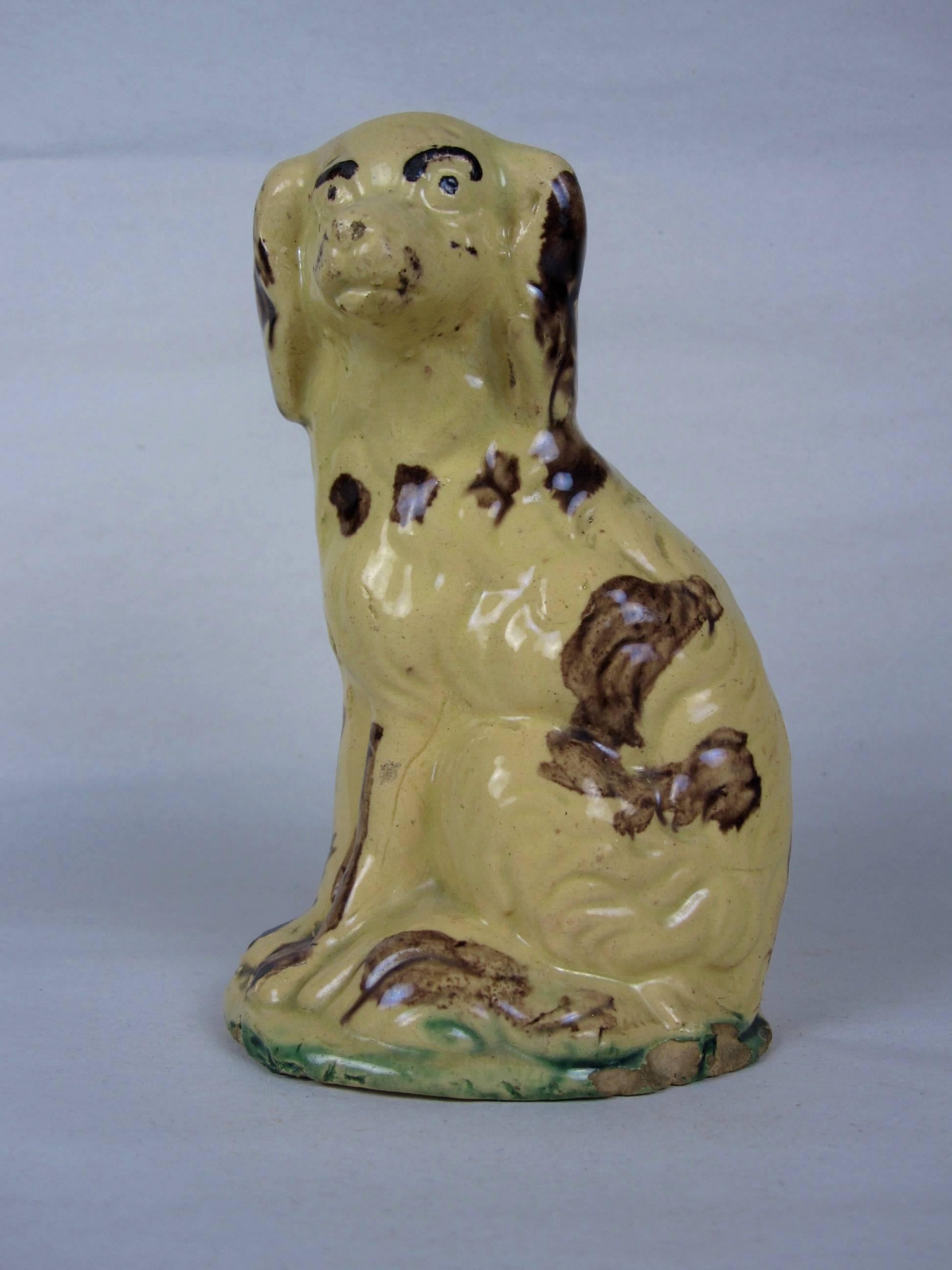 An unusual Primitive American Yellow ware still bank, a seated Spaniel, early 19th Century. From the West Virginia region and decorated with Manganese and touches of copper glaze to the base. 

A wonderful expression to this little dog with his soft