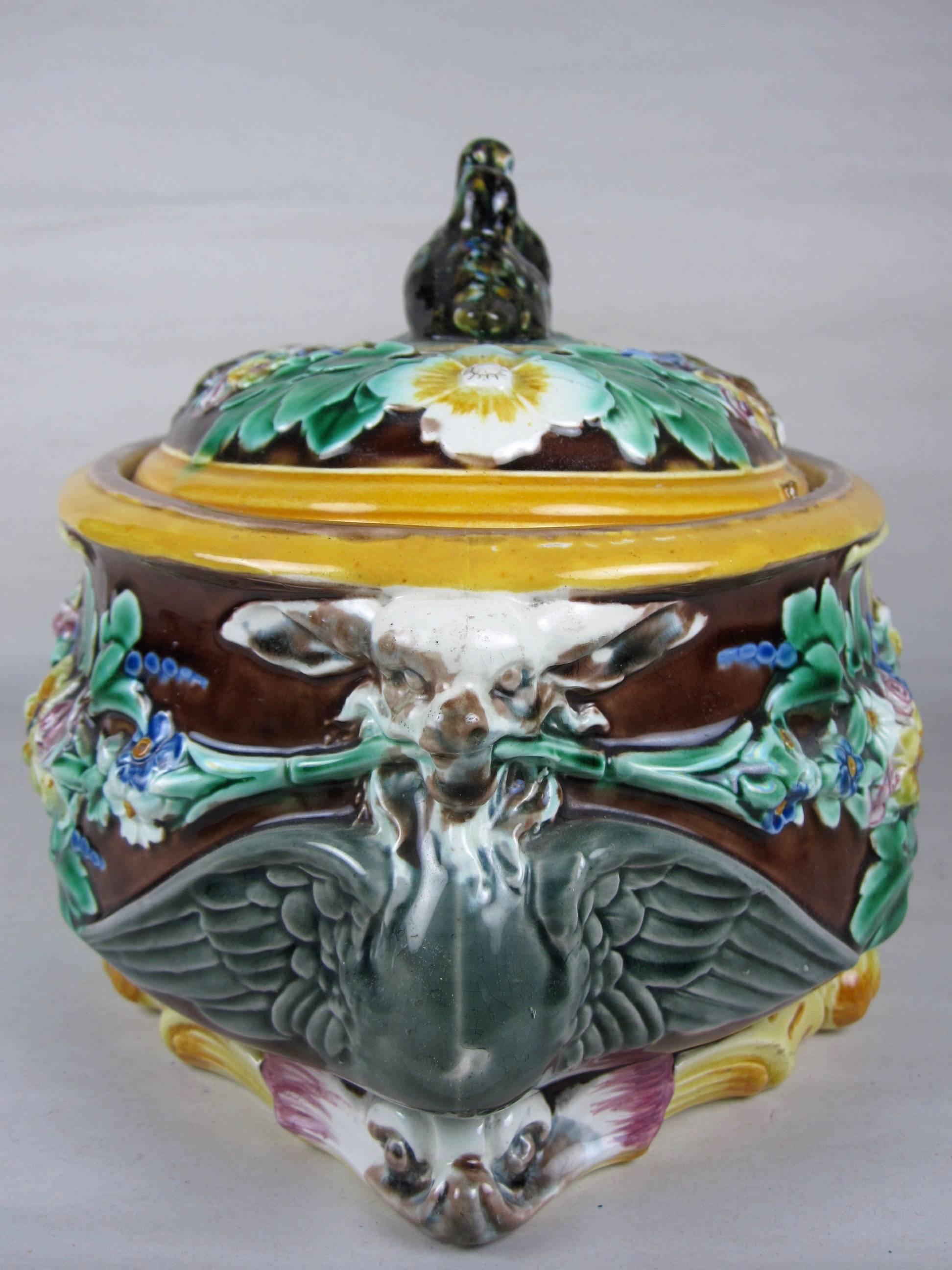 Aesthetic Movement  Josiah Wedgwood Majolica Quail Lovebirds Game Pie Lidded Tureen, dated 1872