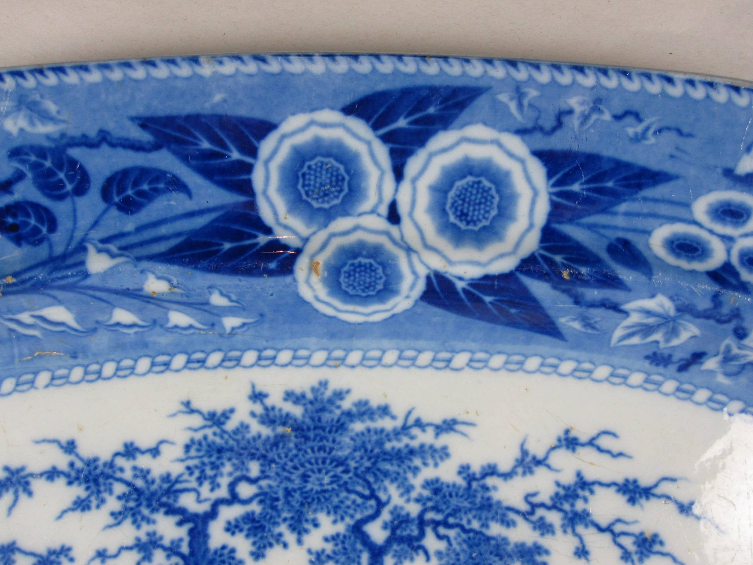 Oversize Staffordshire Blue/White Transferware 'Piping Shepherd' Platter In Good Condition In Philadelphia, PA