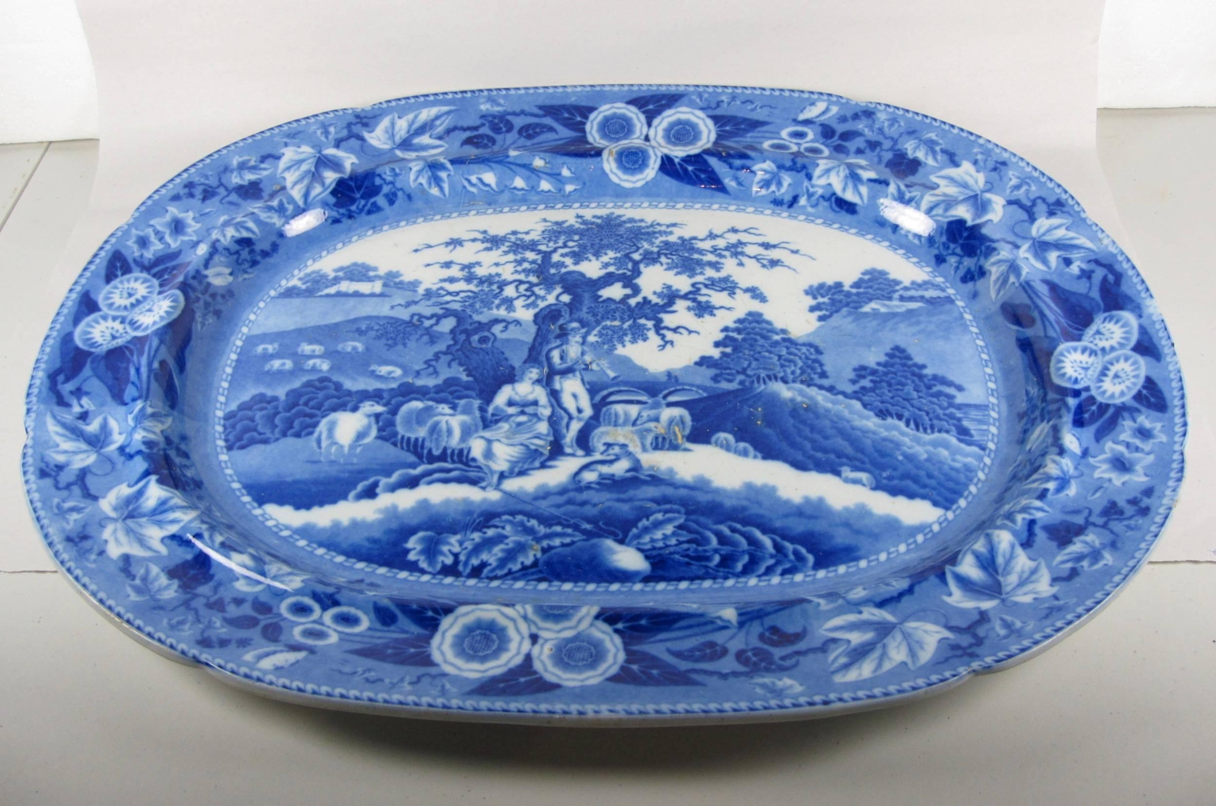 Oversize Staffordshire Blue/White Transferware 'Piping Shepherd' Platter 1