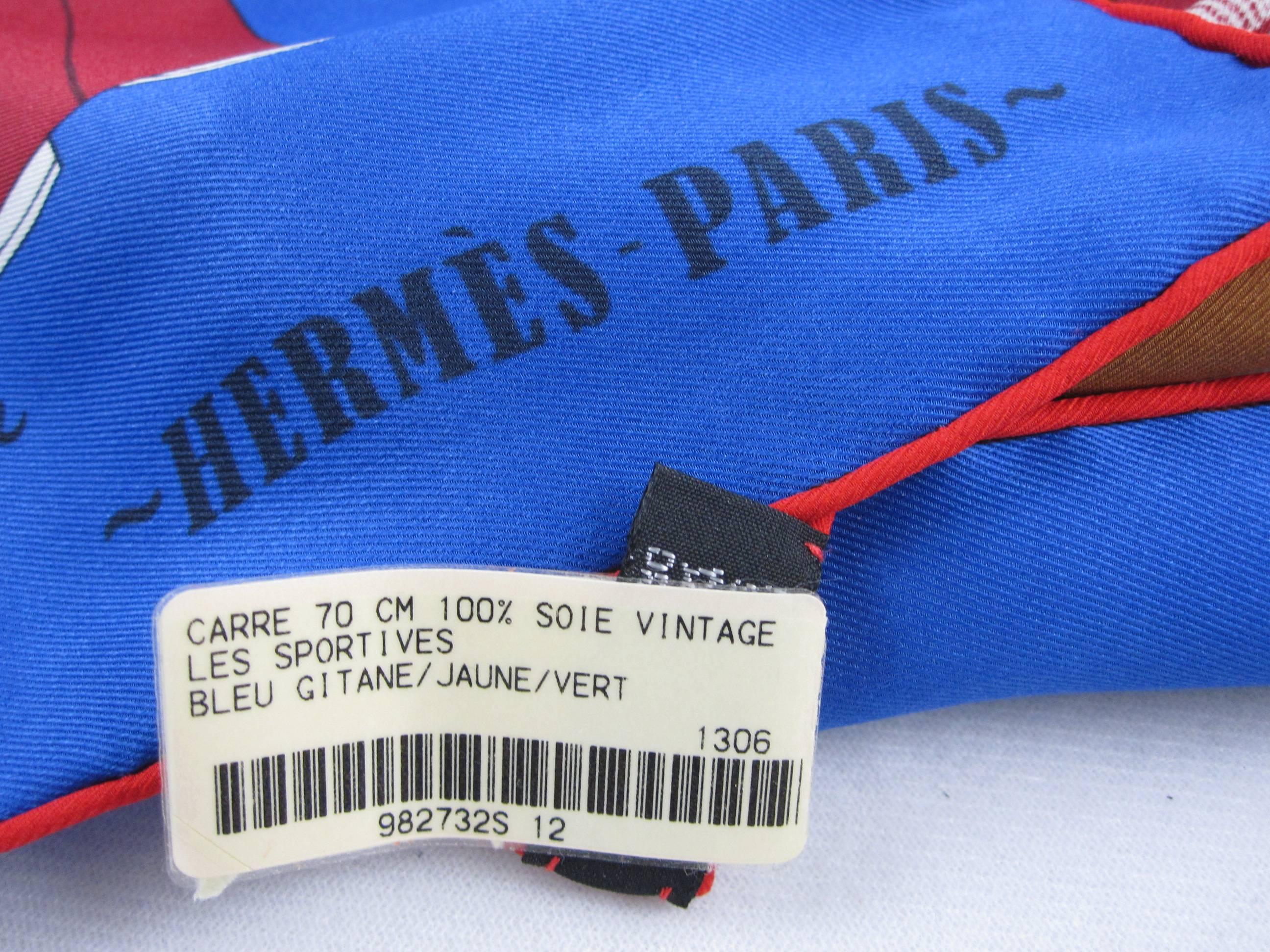 Beaux Arts Hermes Vintage Les Sportives Scarf 70 Gitane Bleu, Original Tag and Packaging
