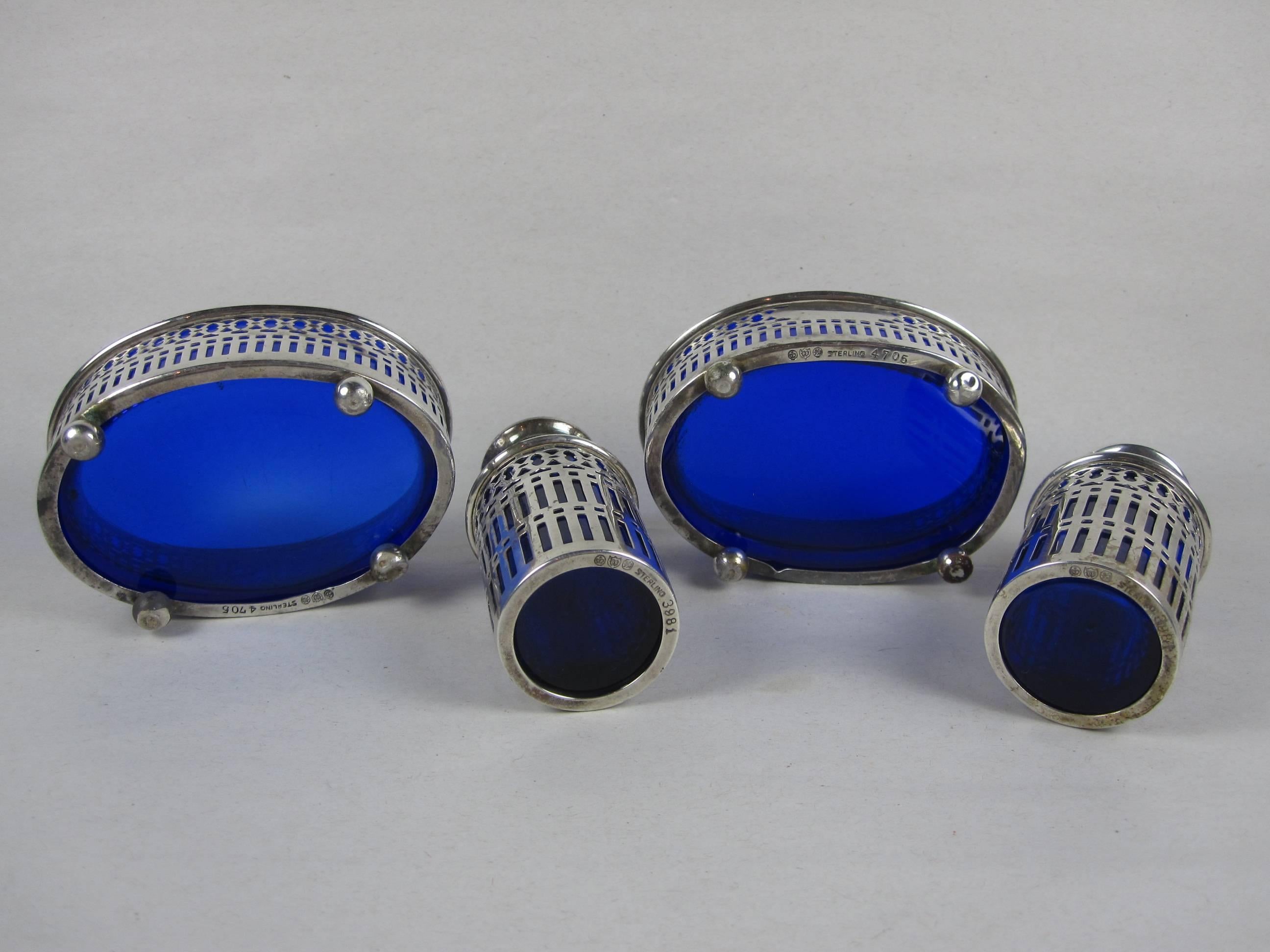 20th Century  A Pair English Sheffield Peppers & Salt Dips, Sterling Overlay & Cobalt Inserts