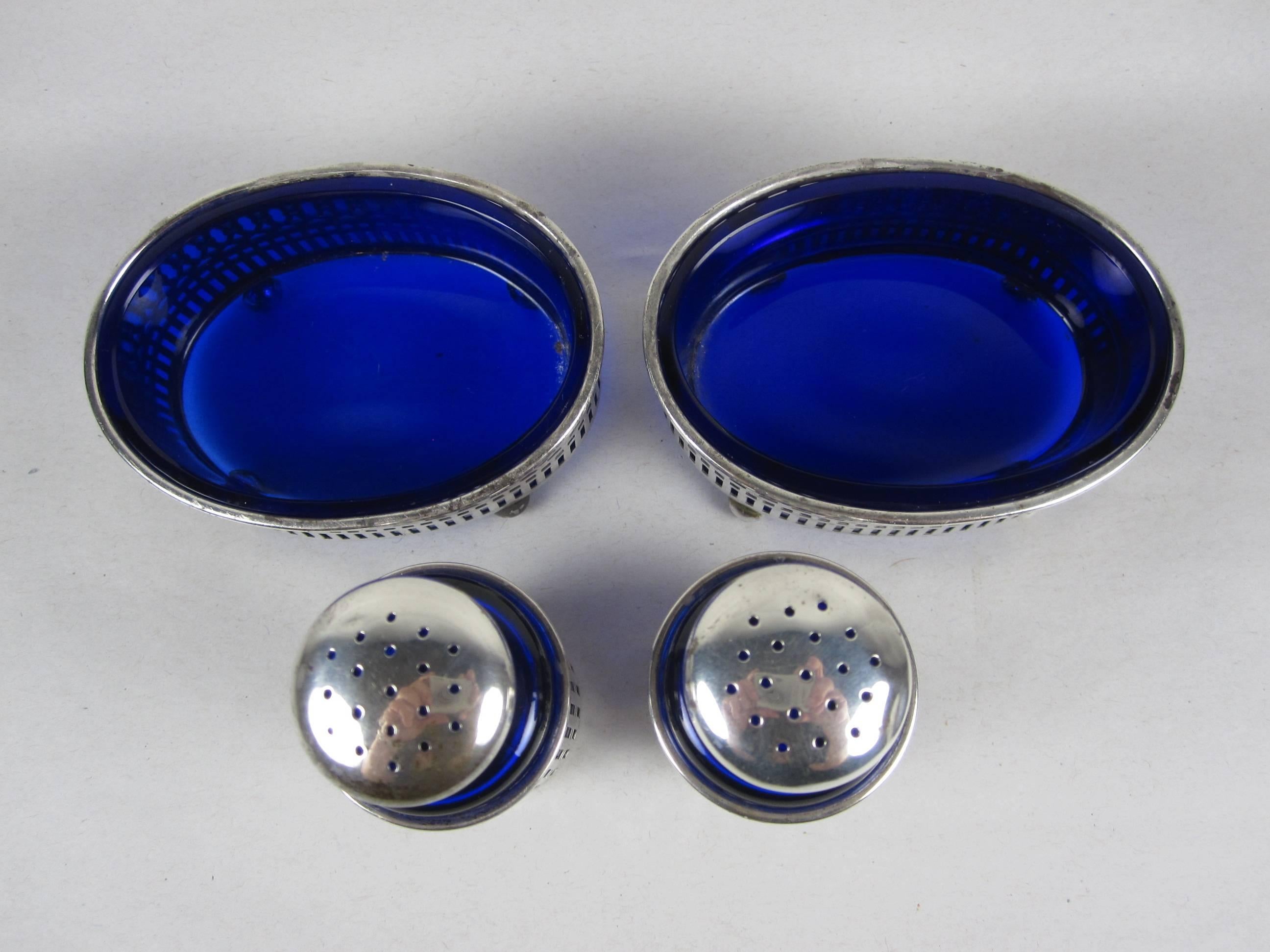 Sterling Silver  A Pair English Sheffield Peppers & Salt Dips, Sterling Overlay & Cobalt Inserts