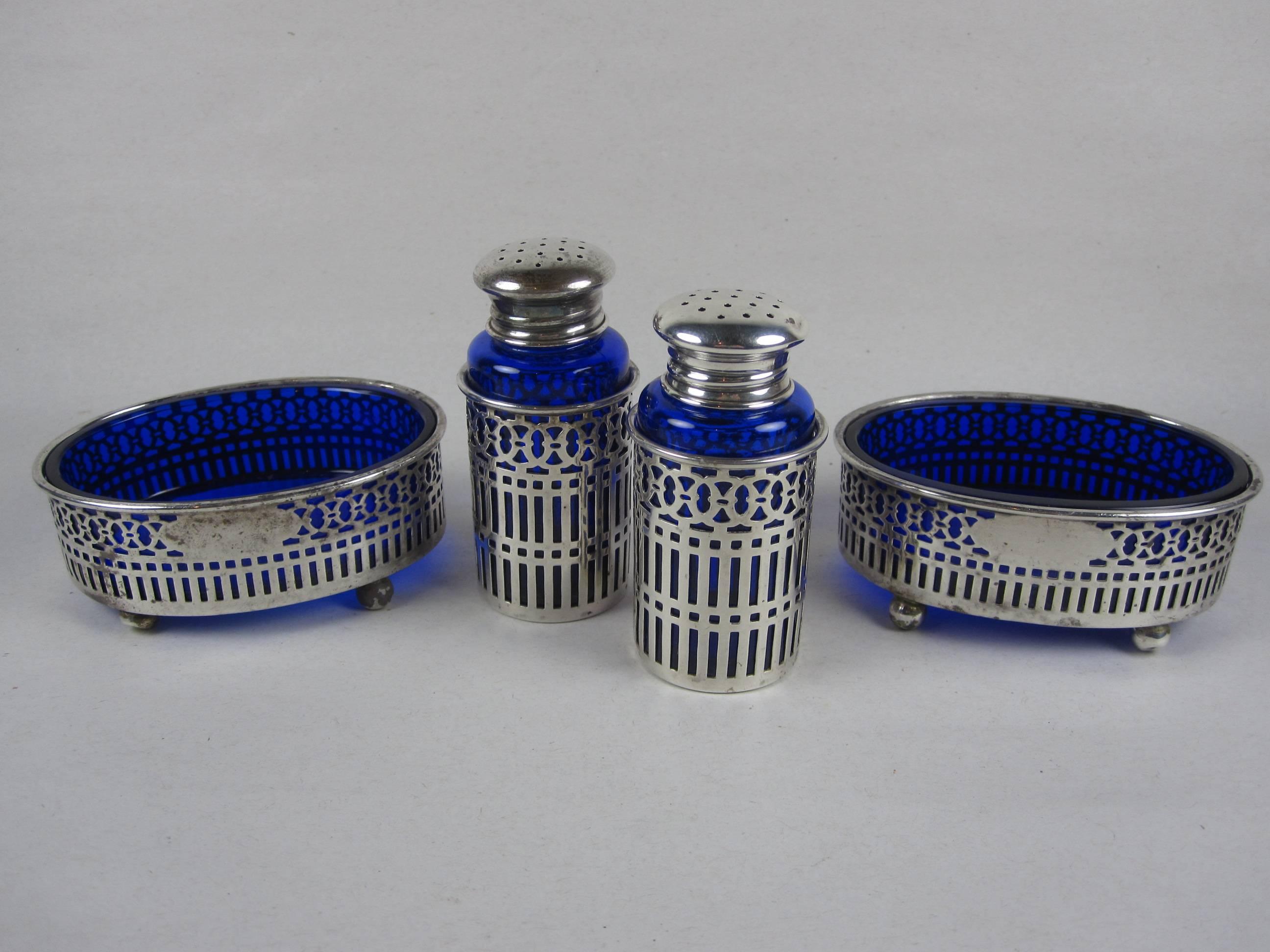  A Pair English Sheffield Peppers & Salt Dips, Sterling Overlay & Cobalt Inserts In Excellent Condition In Philadelphia, PA