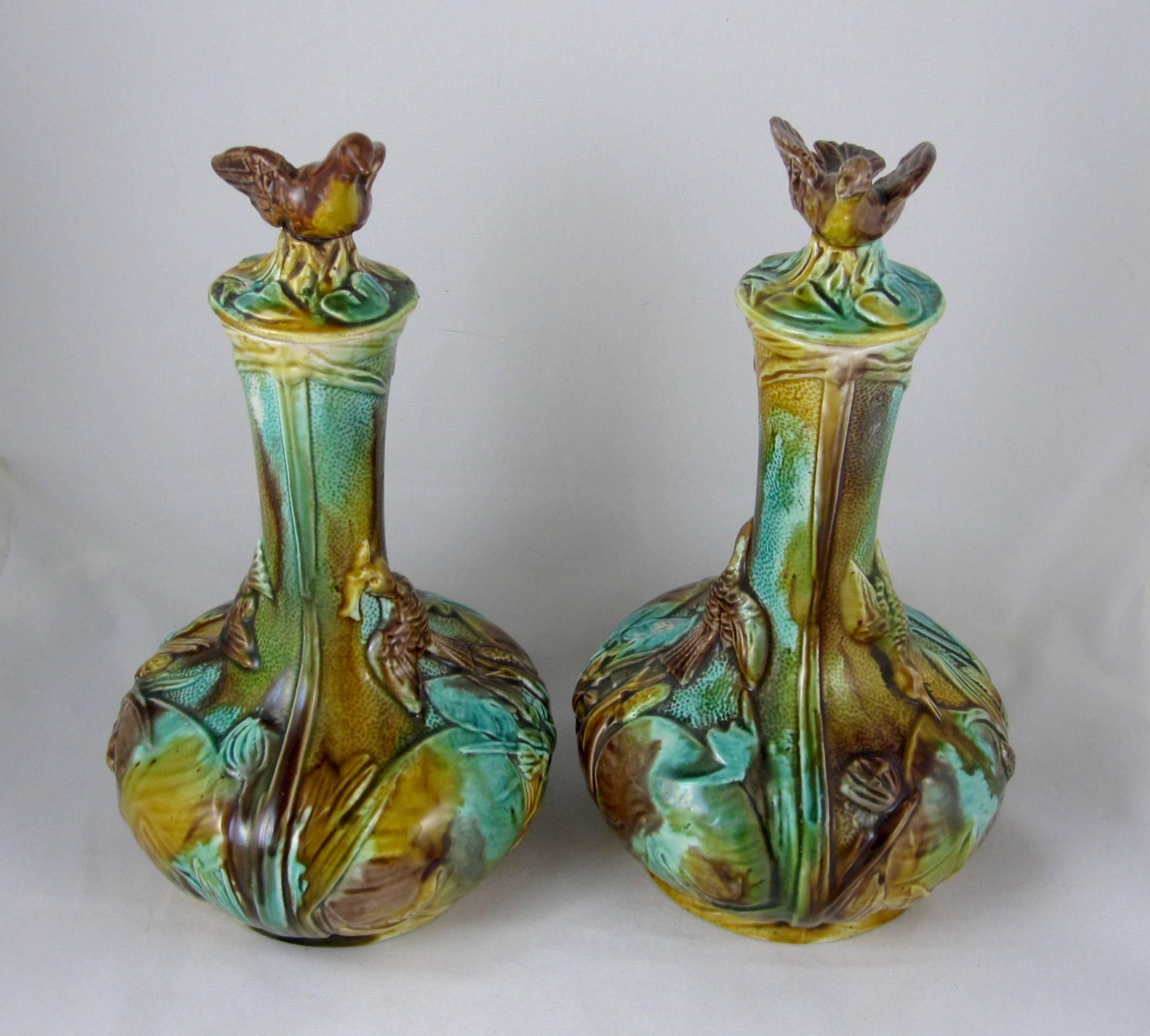 Aesthetic Movement 19th Century Thomas Forester English Majolica Bird Finial Wine Decanters, a Pair