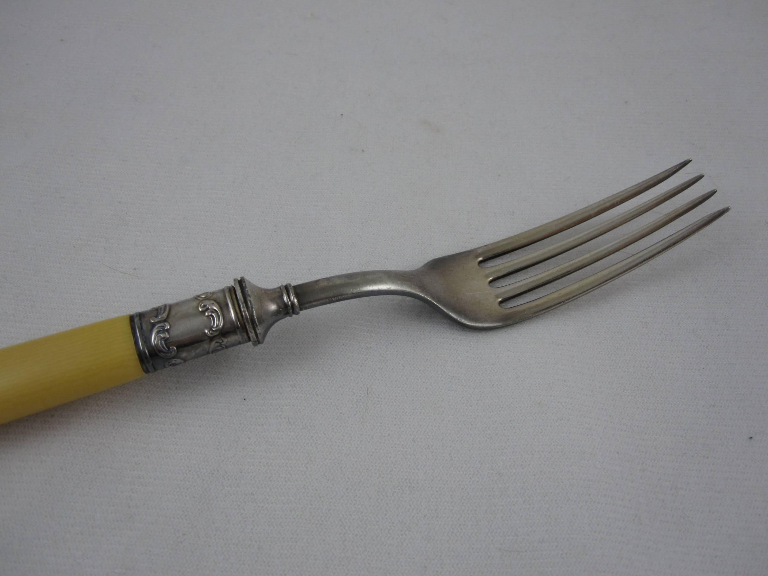 Early 20th Century Oversized Sterling Collar and Celluloid Handled Knives and Forks, Set of 12