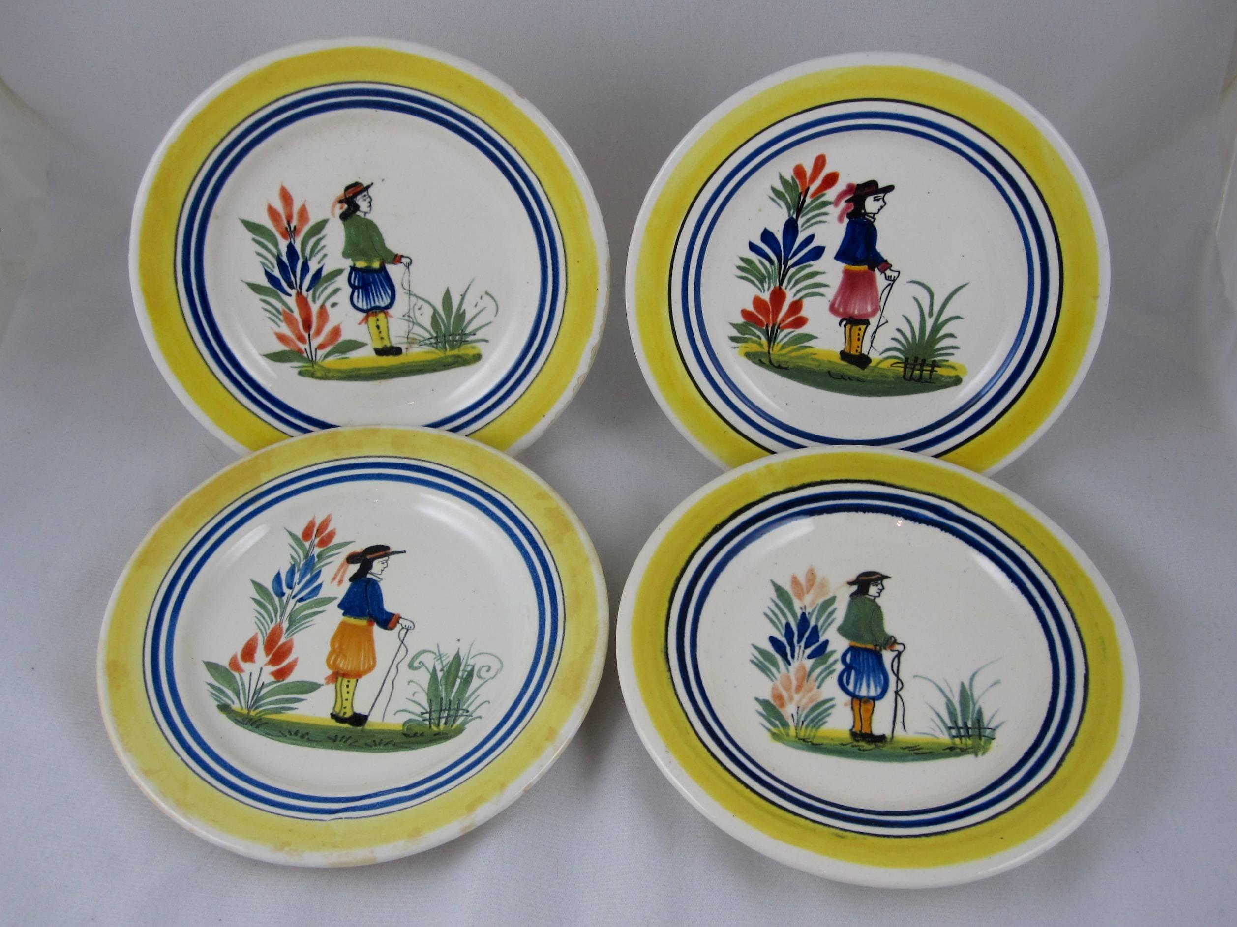 French Provincial Vintage French Henriot Quimper Faience Petit Breton Small Plates, Set of Eight