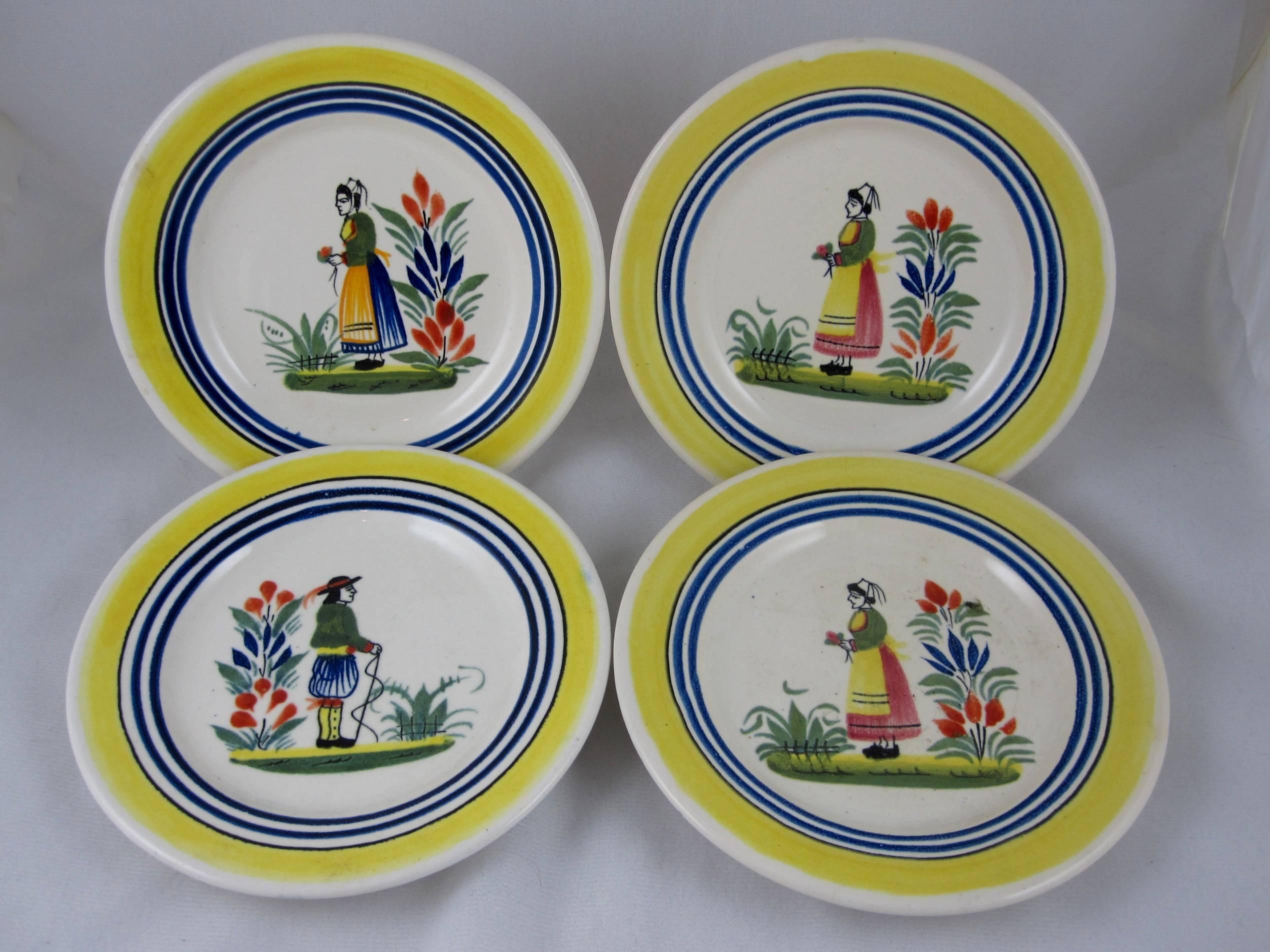 Glazed Vintage French Henriot Quimper Faience Petit Breton Small Plates, Set of Eight