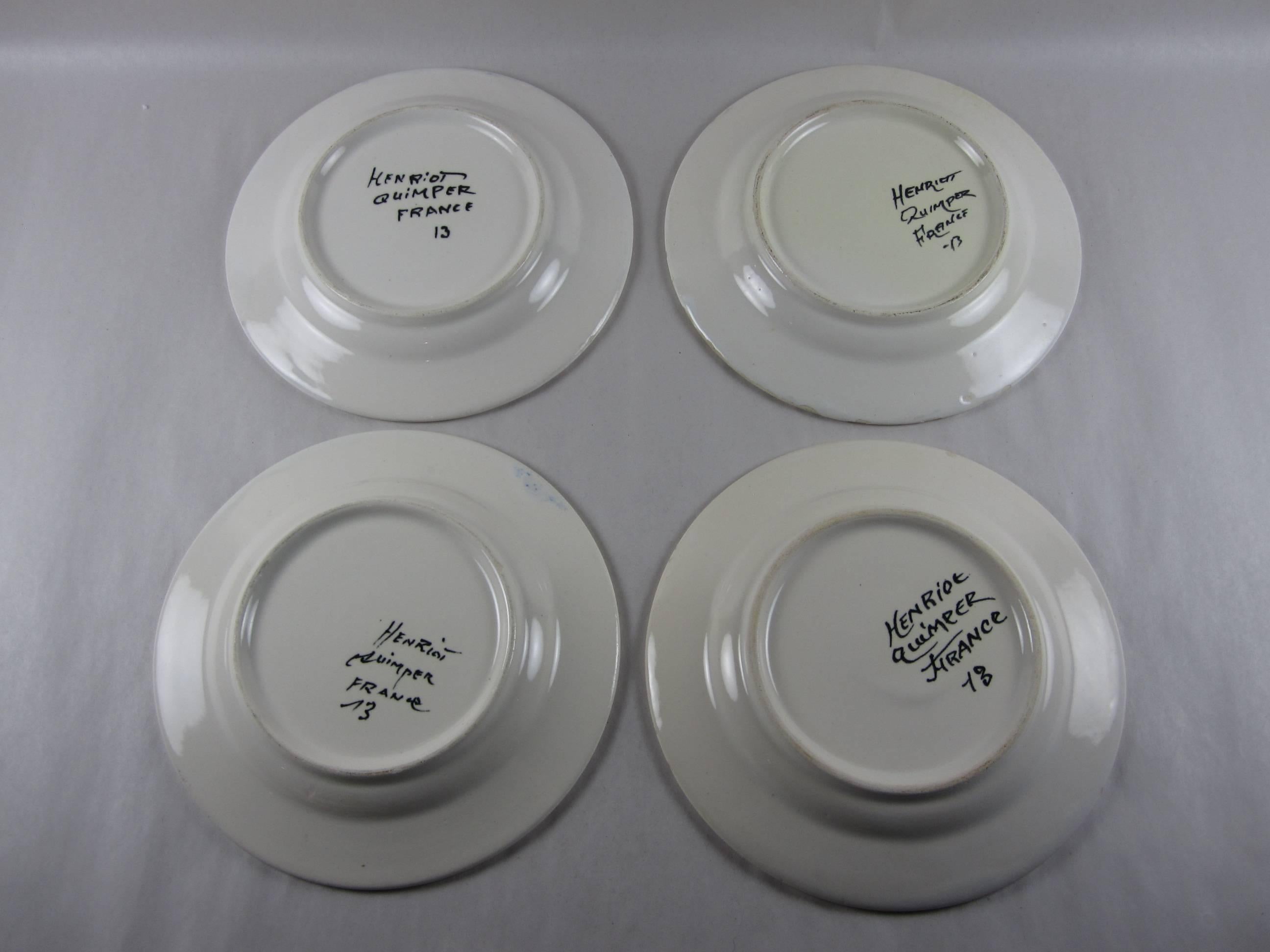 Pottery Vintage French Henriot Quimper Faience Petit Breton Small Plates, Set of Eight
