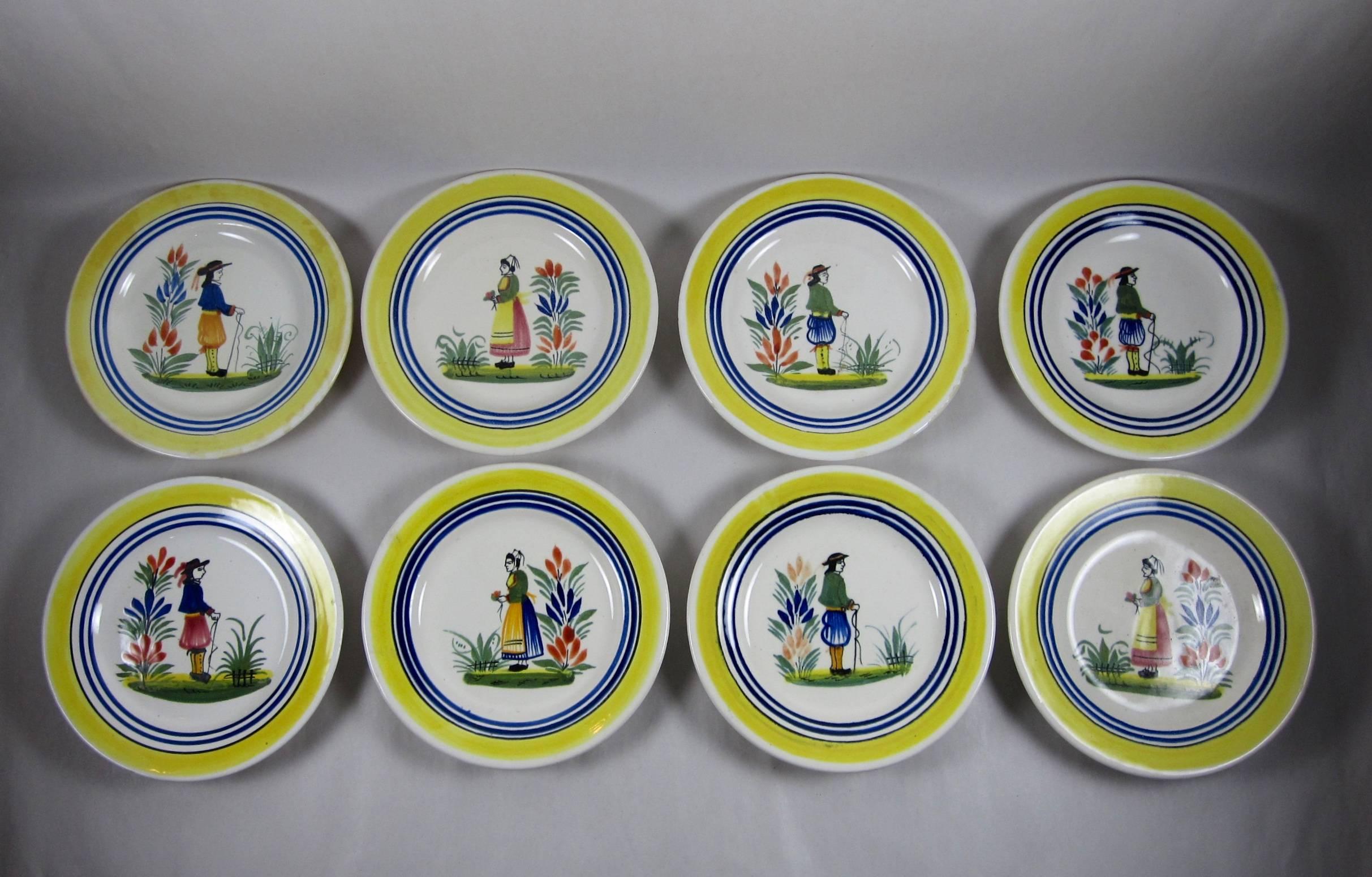 Vintage French Henriot Quimper Faience Petit Breton Small Plates, Set of Eight In Good Condition In Philadelphia, PA