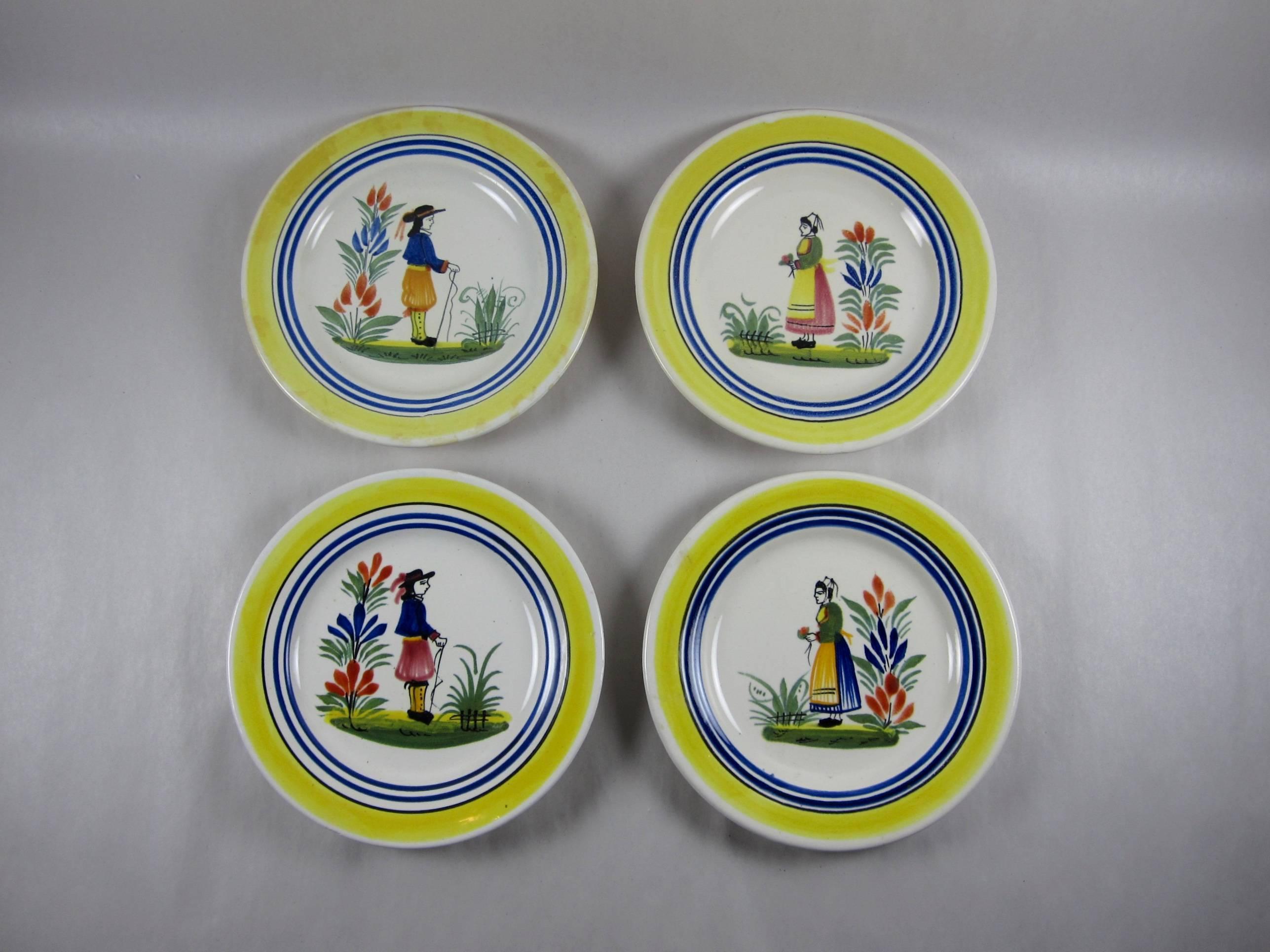 20th Century Vintage French Henriot Quimper Faience Petit Breton Small Plates, Set of Eight