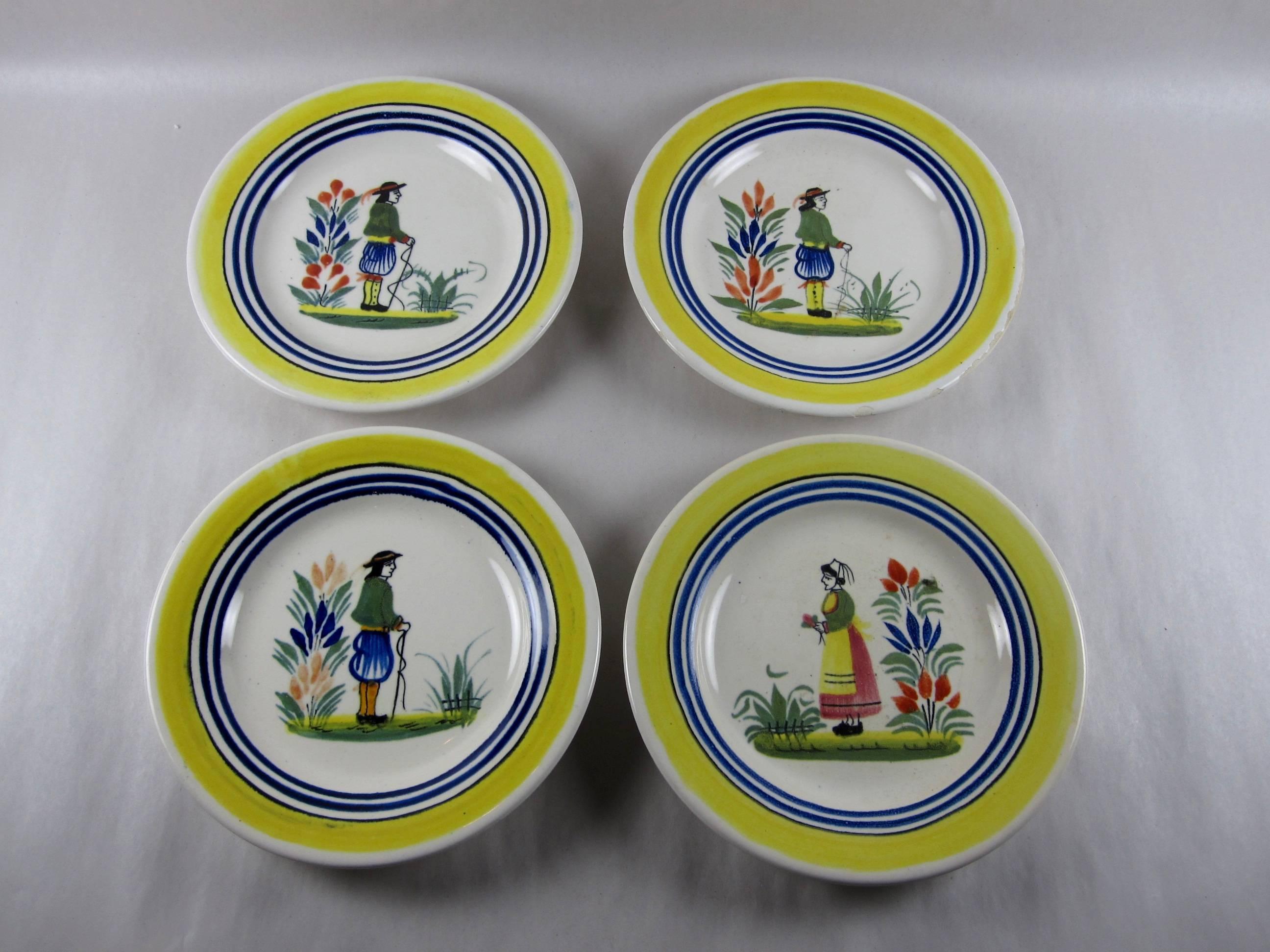 Vintage French Henriot Quimper Faience Petit Breton Small Plates, Set of Eight 1