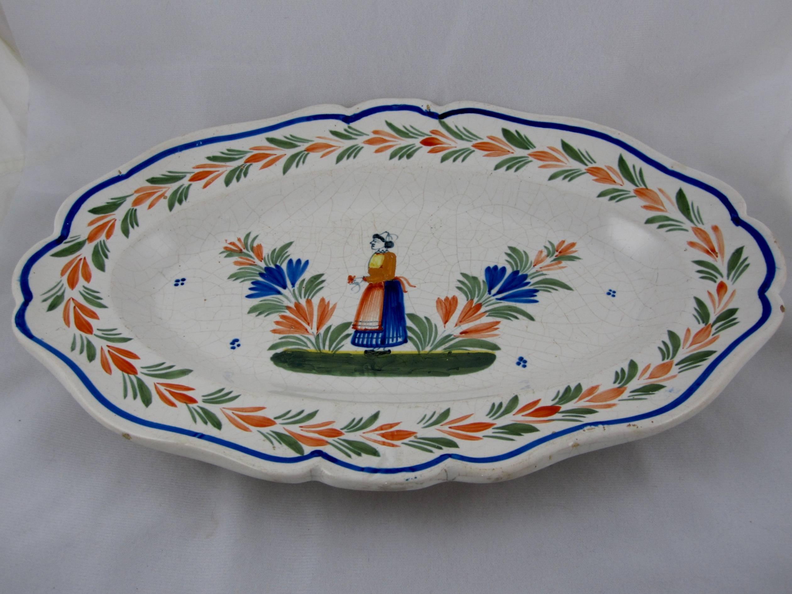 French Provincial French Faïence Quimper Couronnes Border Large Hanging Deep Dish Breton Platter