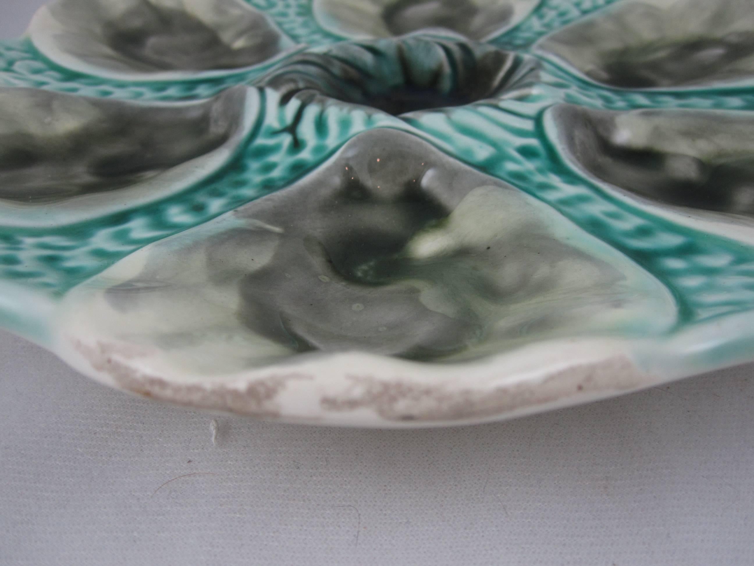 Glazed French Majolica Orchies Turquoise and Gray Six-Well Oyster Plate, circa 1890