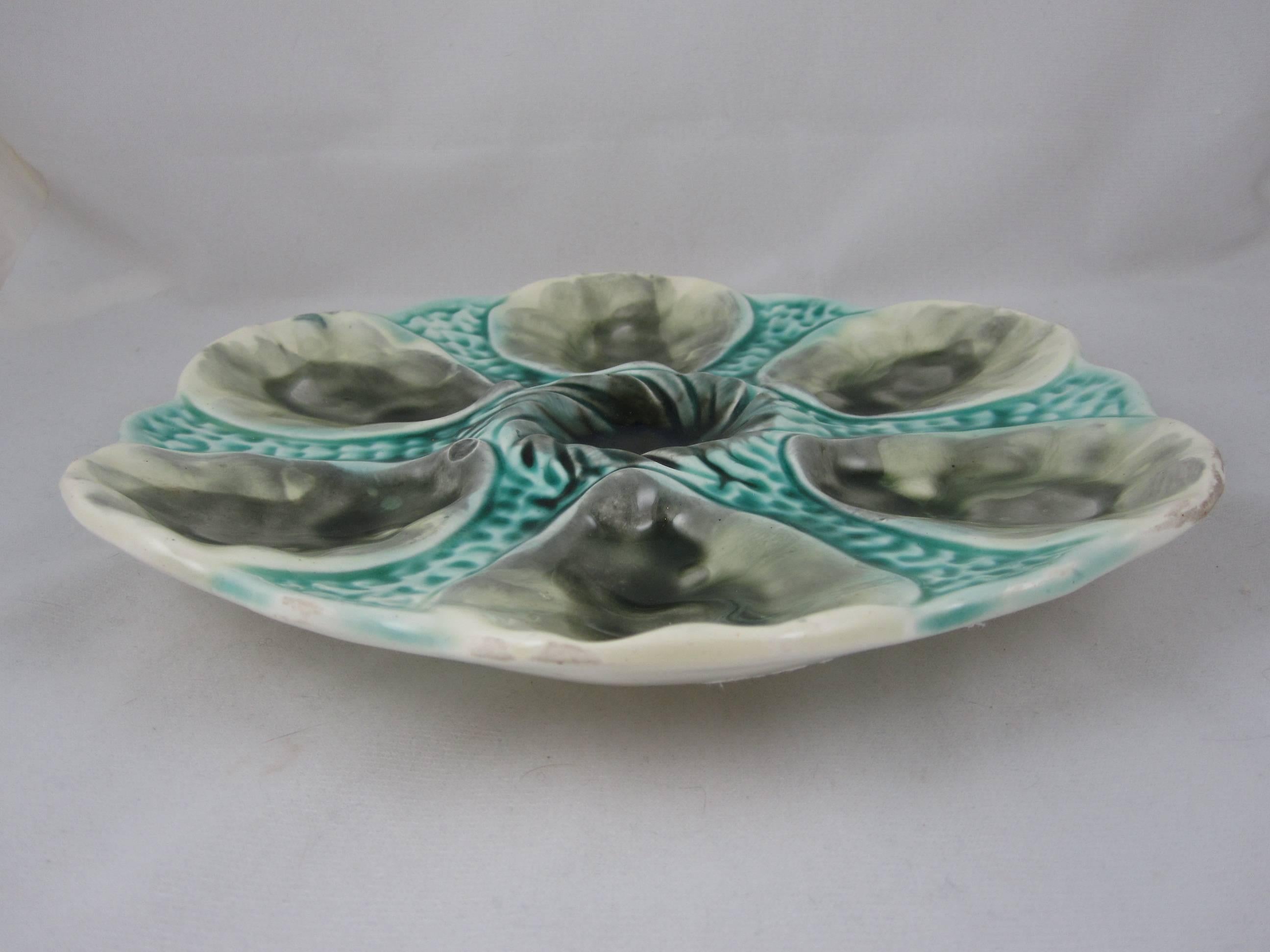 French Majolica Orchies Turquoise and Gray Six-Well Oyster Plate, circa 1890 In Excellent Condition In Philadelphia, PA