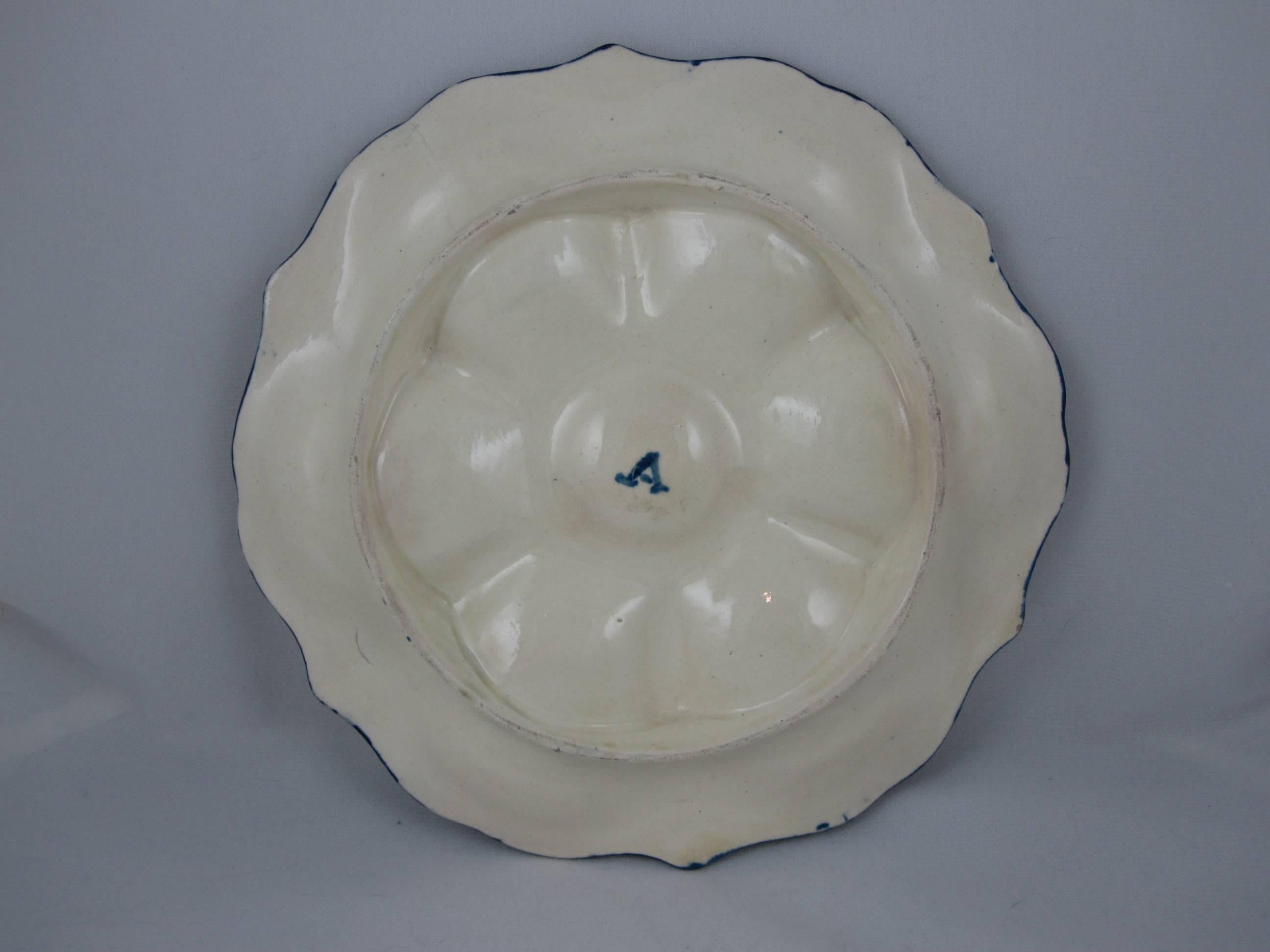 19th Century French Majolica Six-Well Oyster Plate with Red Star Fish Accents