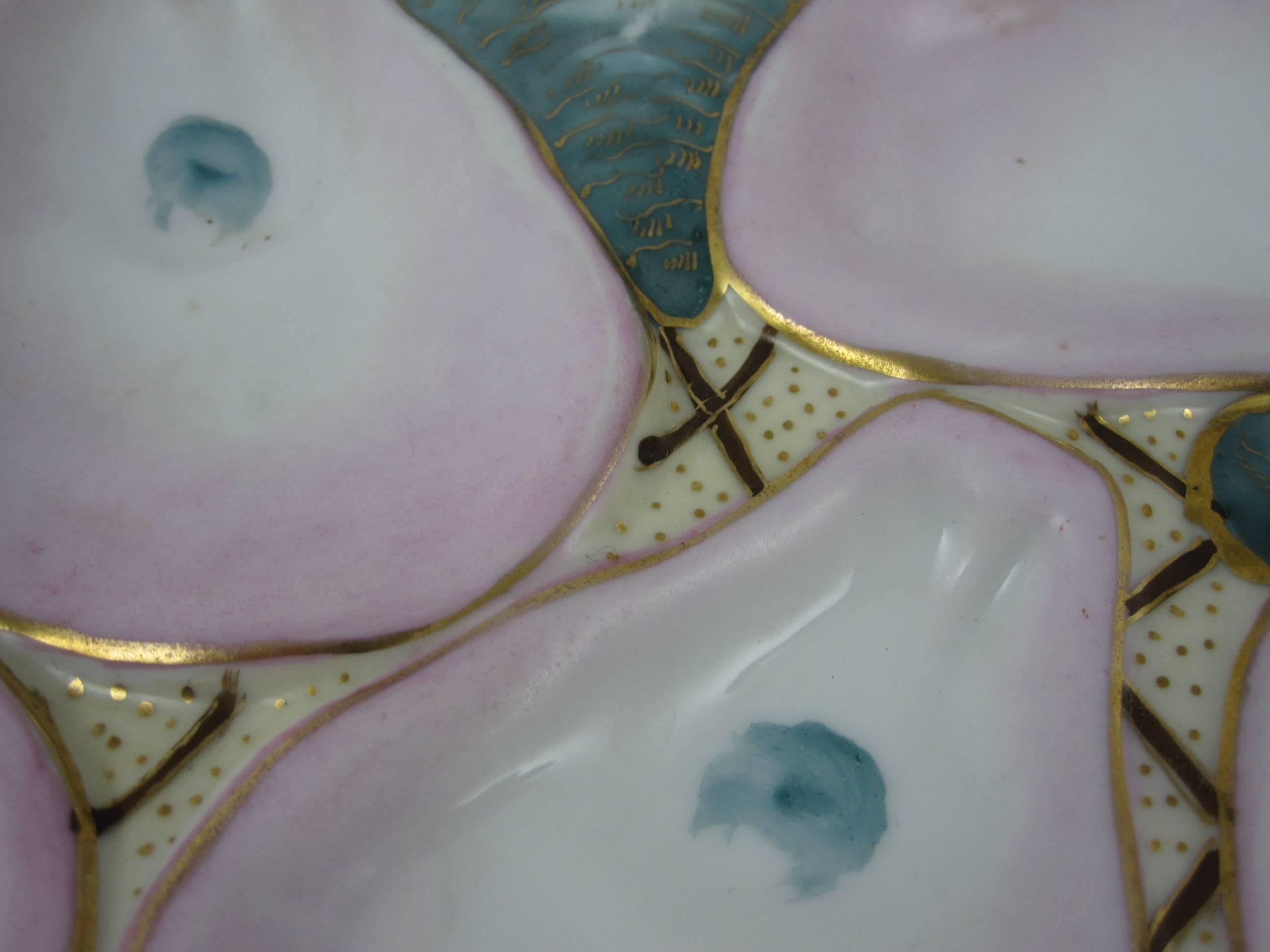 Glazed Porcelain Crescent Shape Sky Blue Hand-Painted Floral Oyster Plate