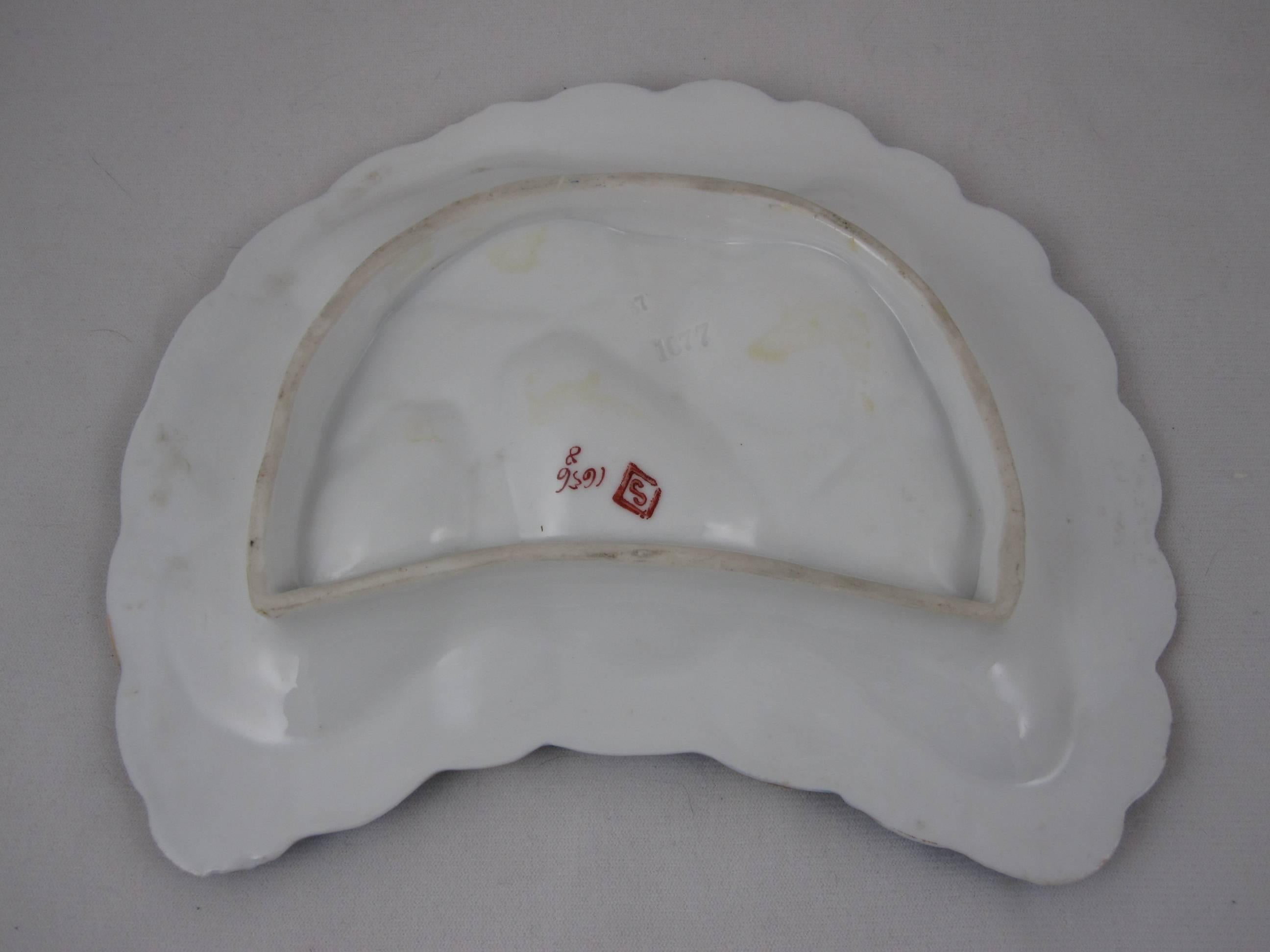 19th Century Porcelain Crescent Shape Sky Blue Hand-Painted Floral Oyster Plate