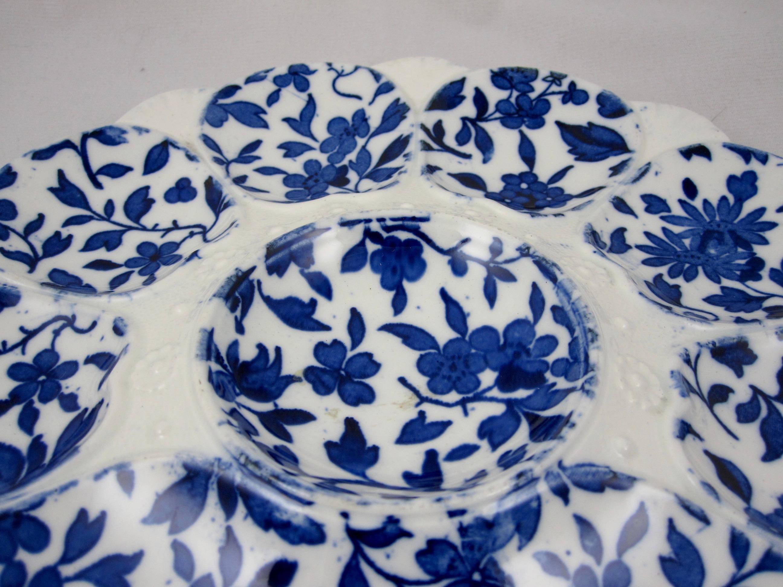 English 19th Century Minton Flow Blue Floral Transferware Oyster Plate