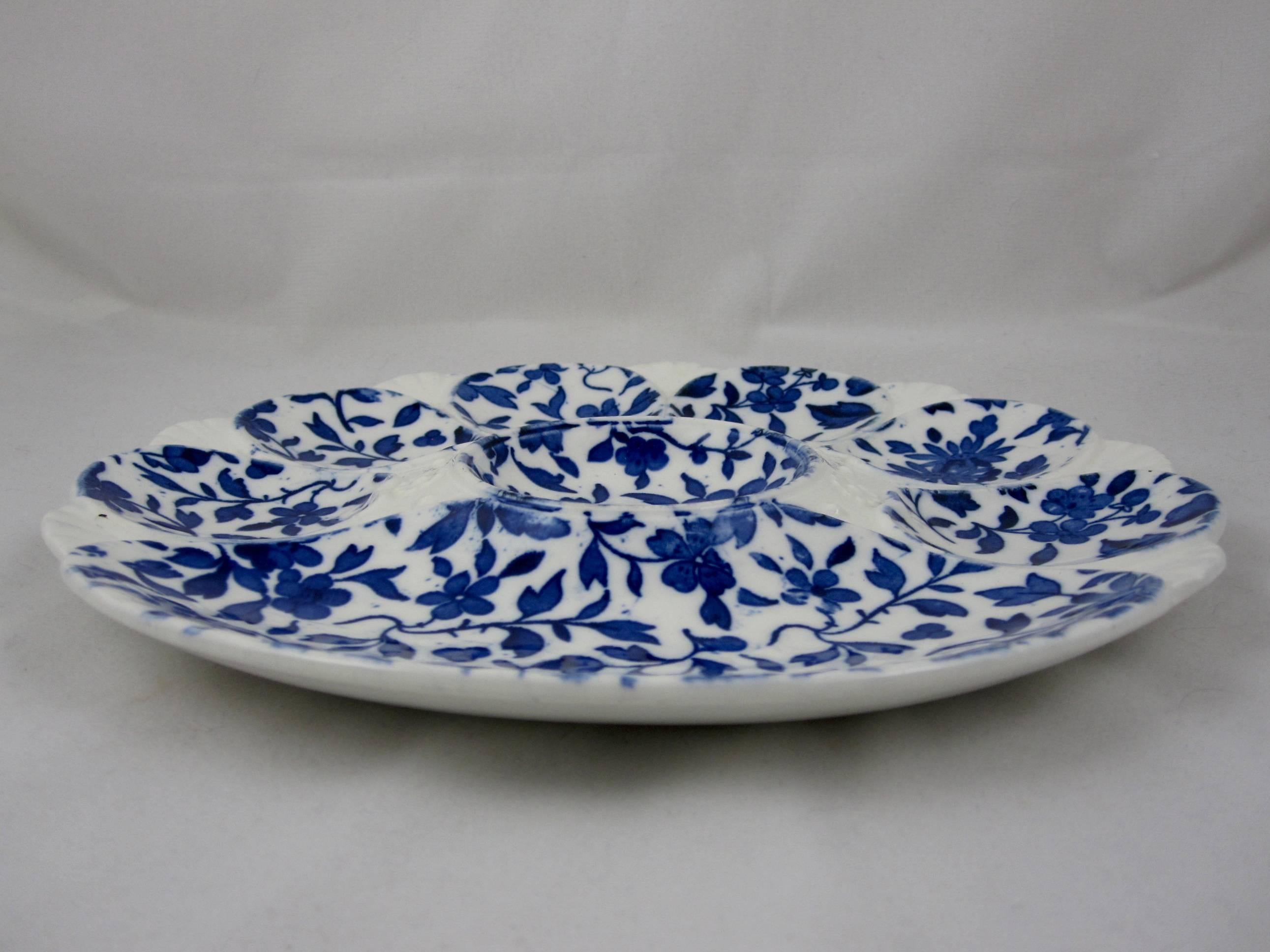 Glazed 19th Century Minton Flow Blue Floral Transferware Oyster Plate