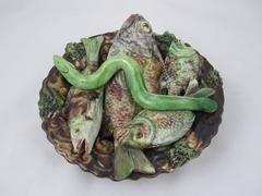 19th C. José Alves da Cunha Portuguese Majolica Palissy Fish and Eel Plaque