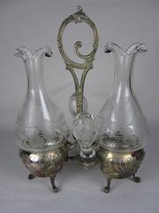 French Art Nouveau Silver Plate & Etched Crystal Five Piece Cruet Stand