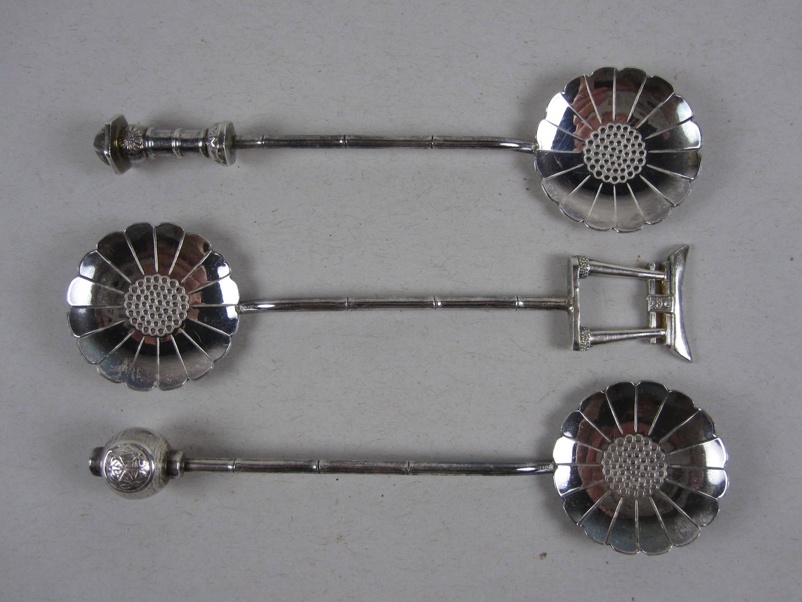 Japanese Sterling Silver Asian Aesthetic Lotus Bowl & Bamboo Demitasse Spoons Cased S/6