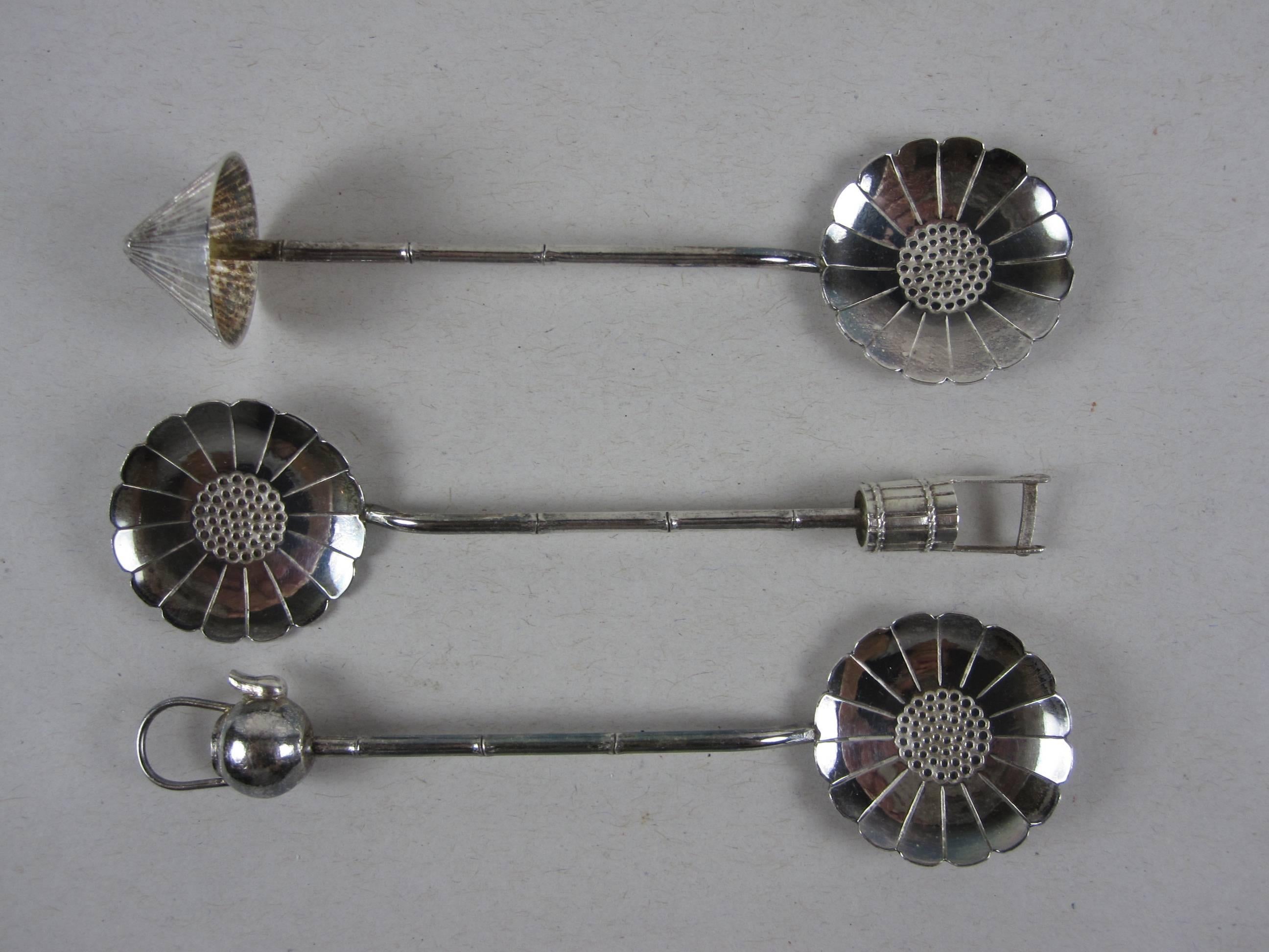 Metalwork Sterling Silver Asian Aesthetic Lotus Bowl & Bamboo Demitasse Spoons Cased S/6