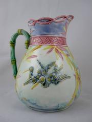 English Majolica Japanese Aesthetic Flying Crane and Bamboo Pastel Jug