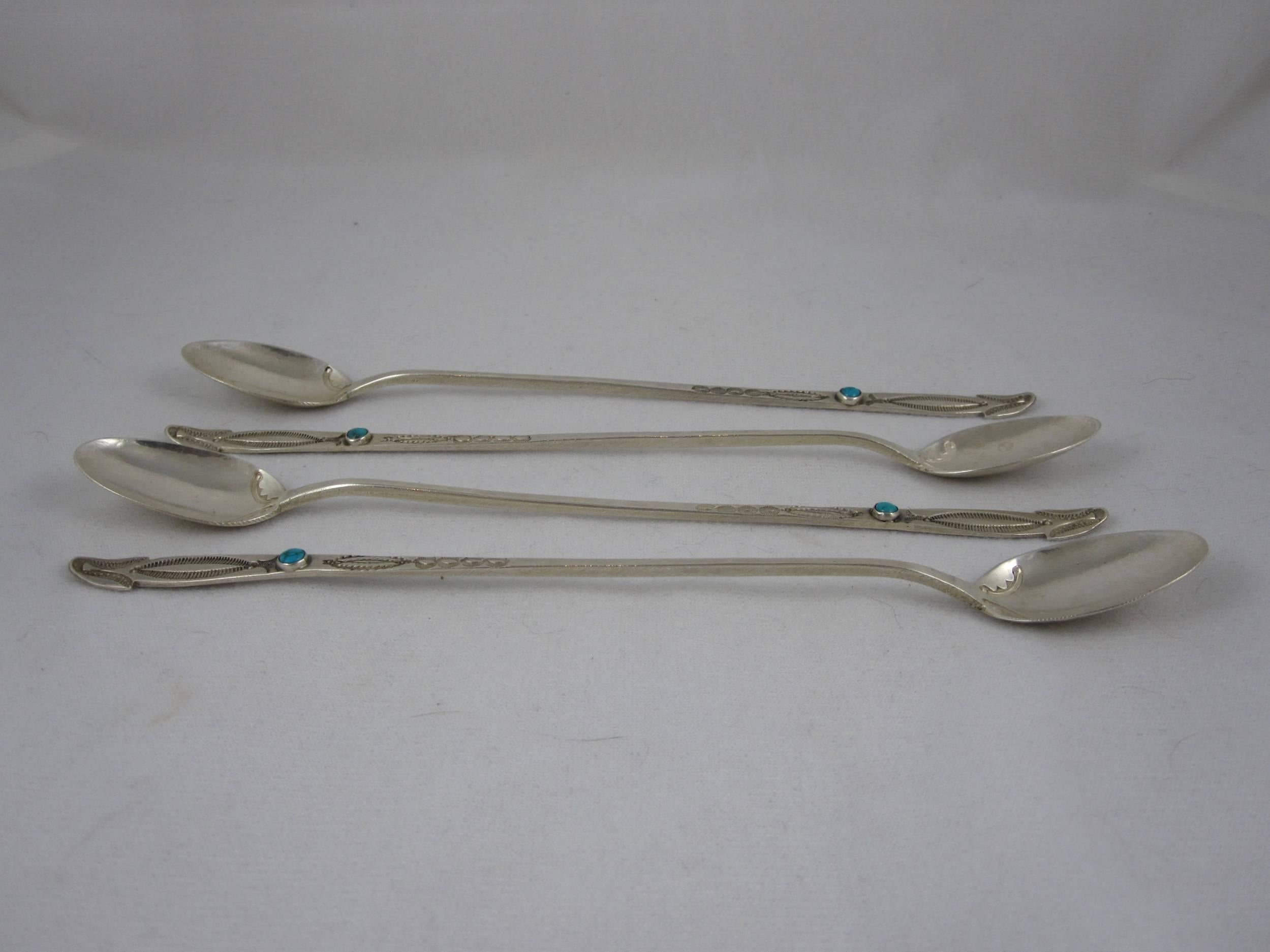 Precious Stone Sterling Silver and Turquoise American Southwest Iced Tea Spoons, Set of Four