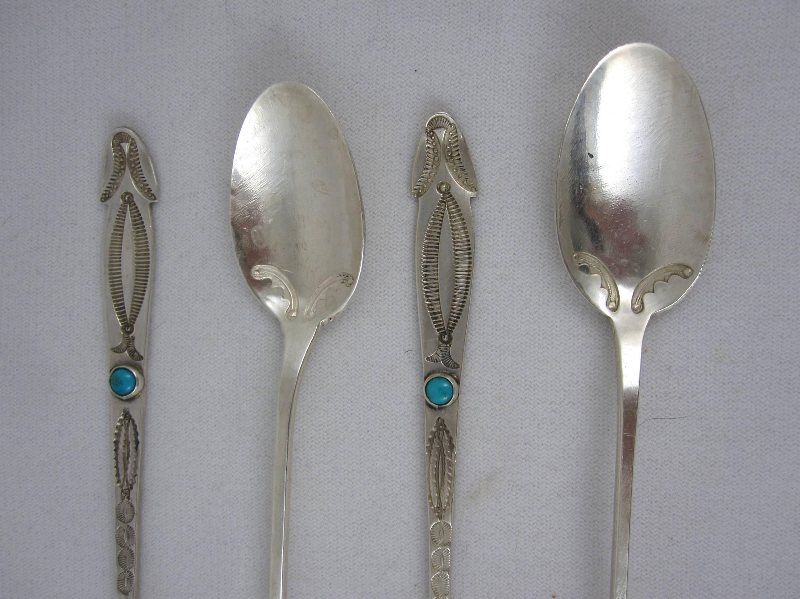 Hand-Carved Sterling Silver and Turquoise American Southwest Iced Tea Spoons, Set of Four