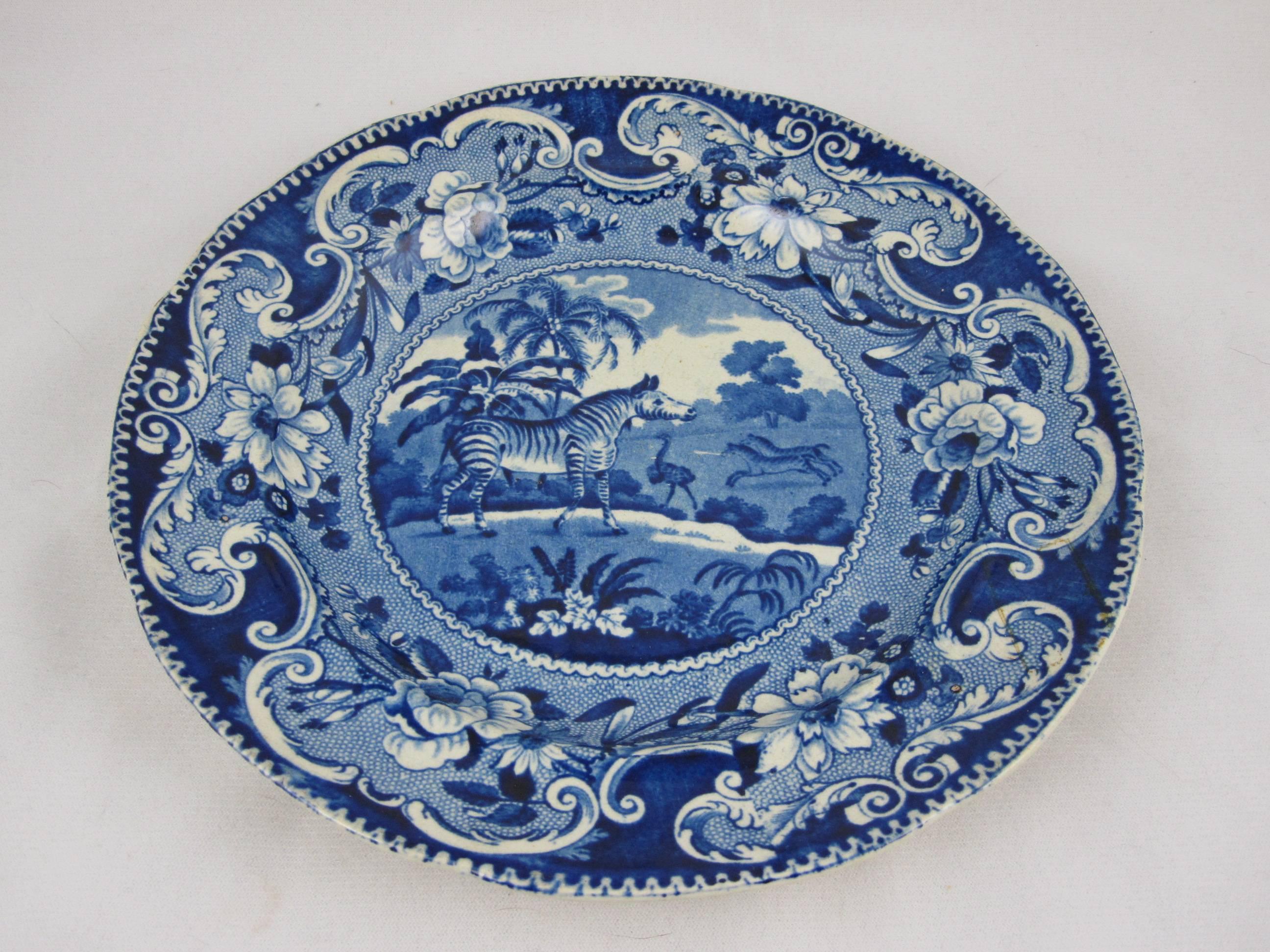 English 19th Century Enoch Wood Blue and White Zebra Sporting Series Transferware Plate