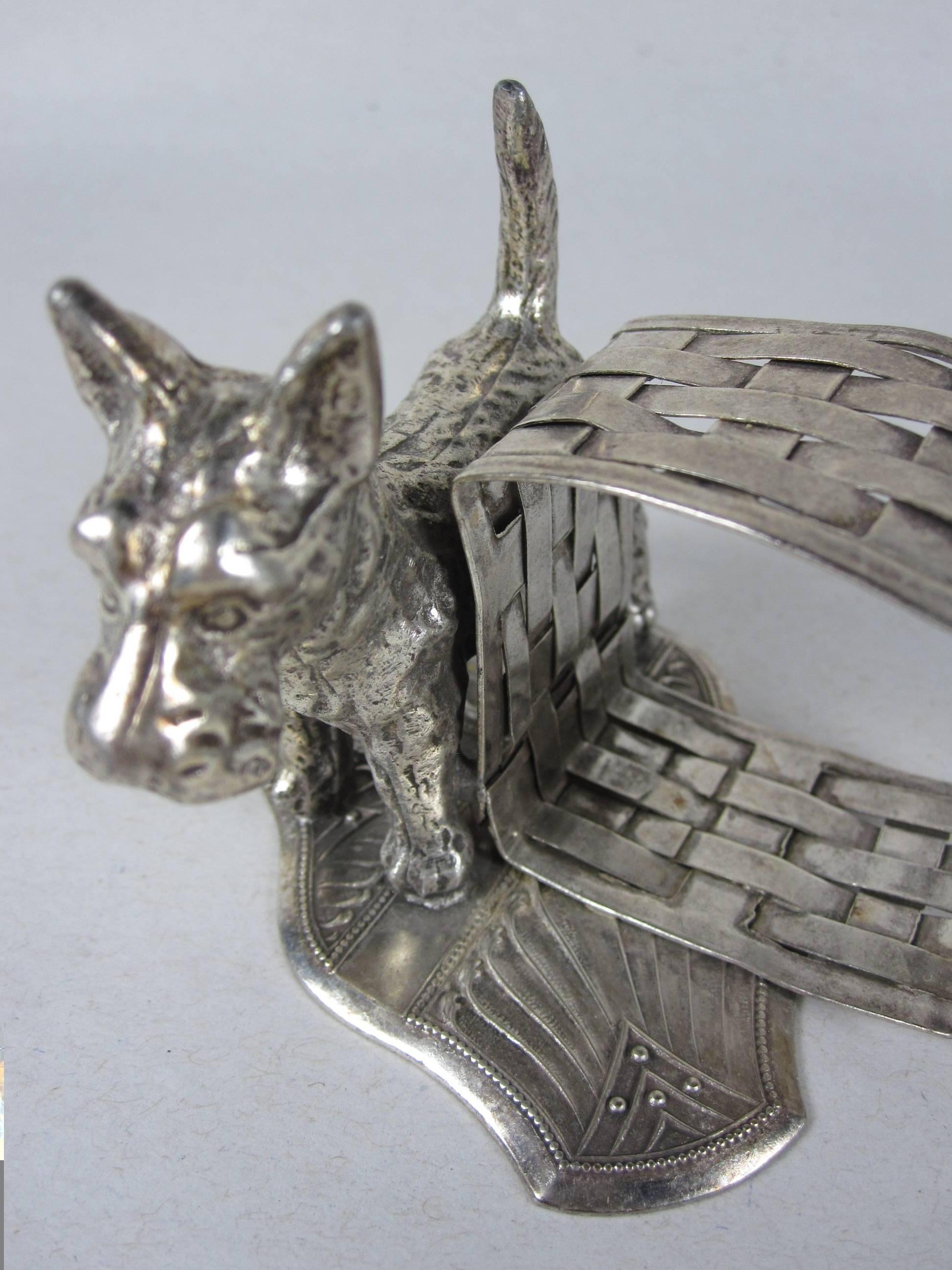 Victorian Silver Plate Fox Terrier and Woven Basket Standing Napkin Ring/ Holder In Excellent Condition In Philadelphia, PA