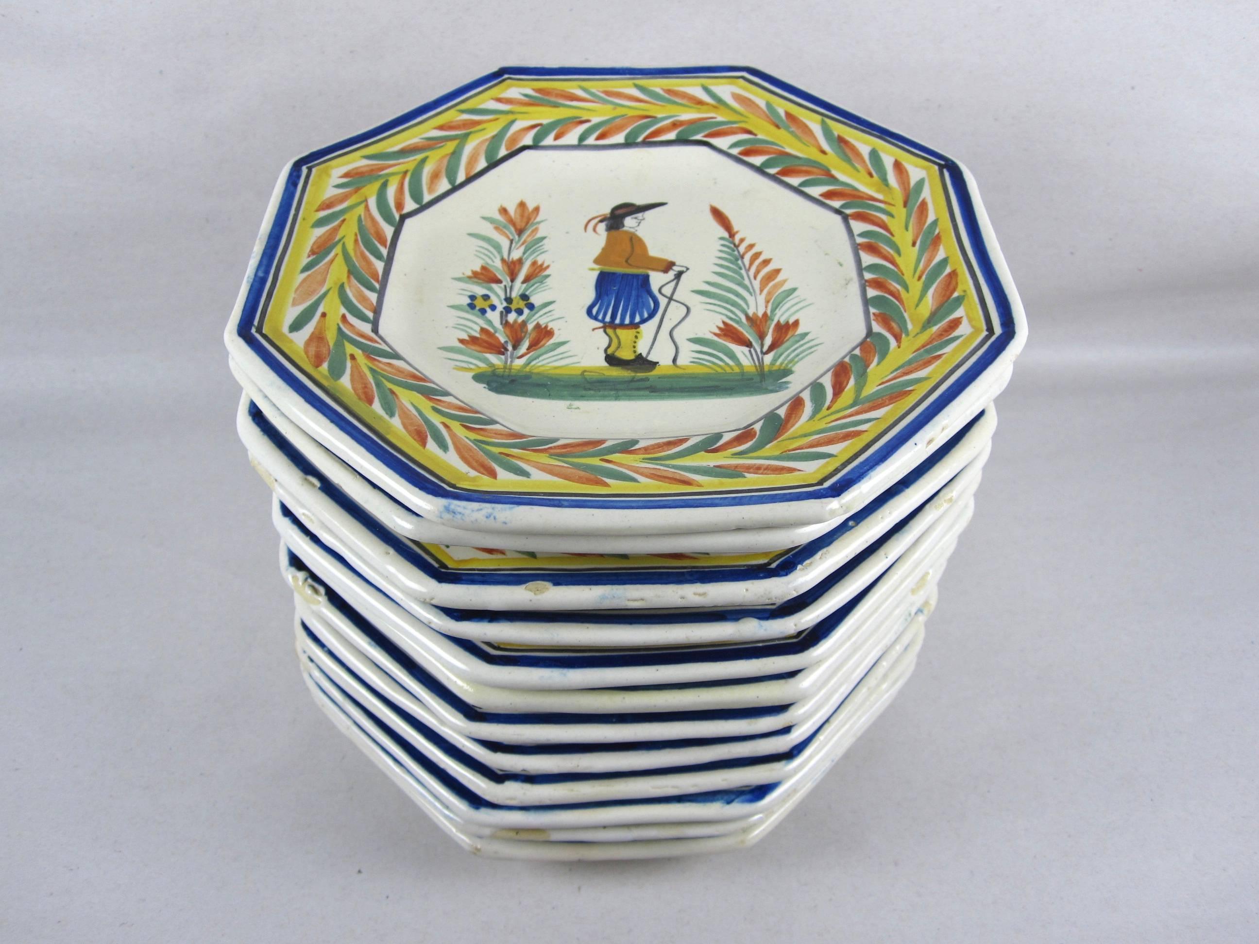 Glazed Henriot Quimper Octagonal Breton Vintage Faience Plates, France, Set of 12