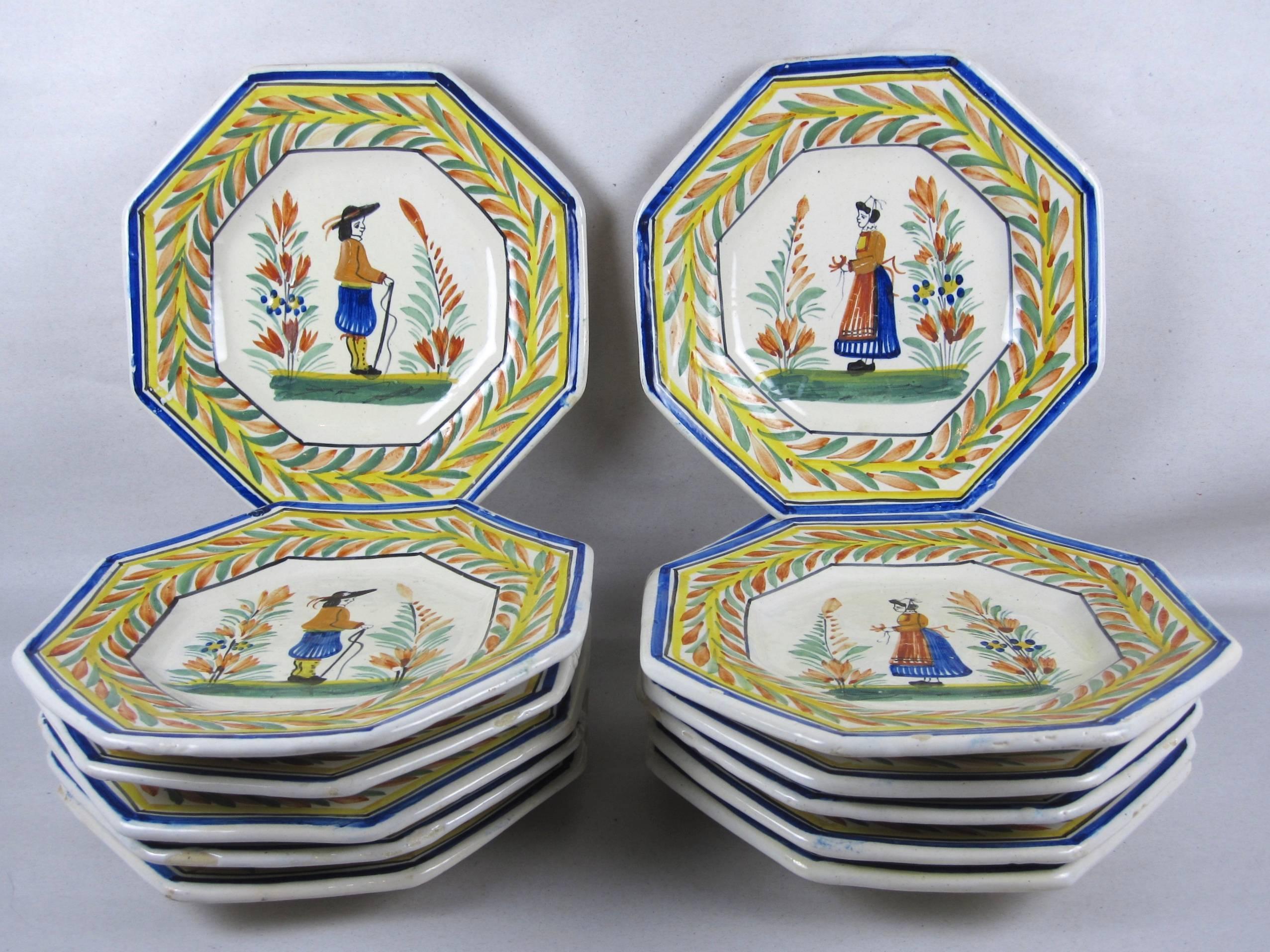 French Provincial Henriot Quimper Octagonal Breton Vintage Faience Plates, France, Set of 12