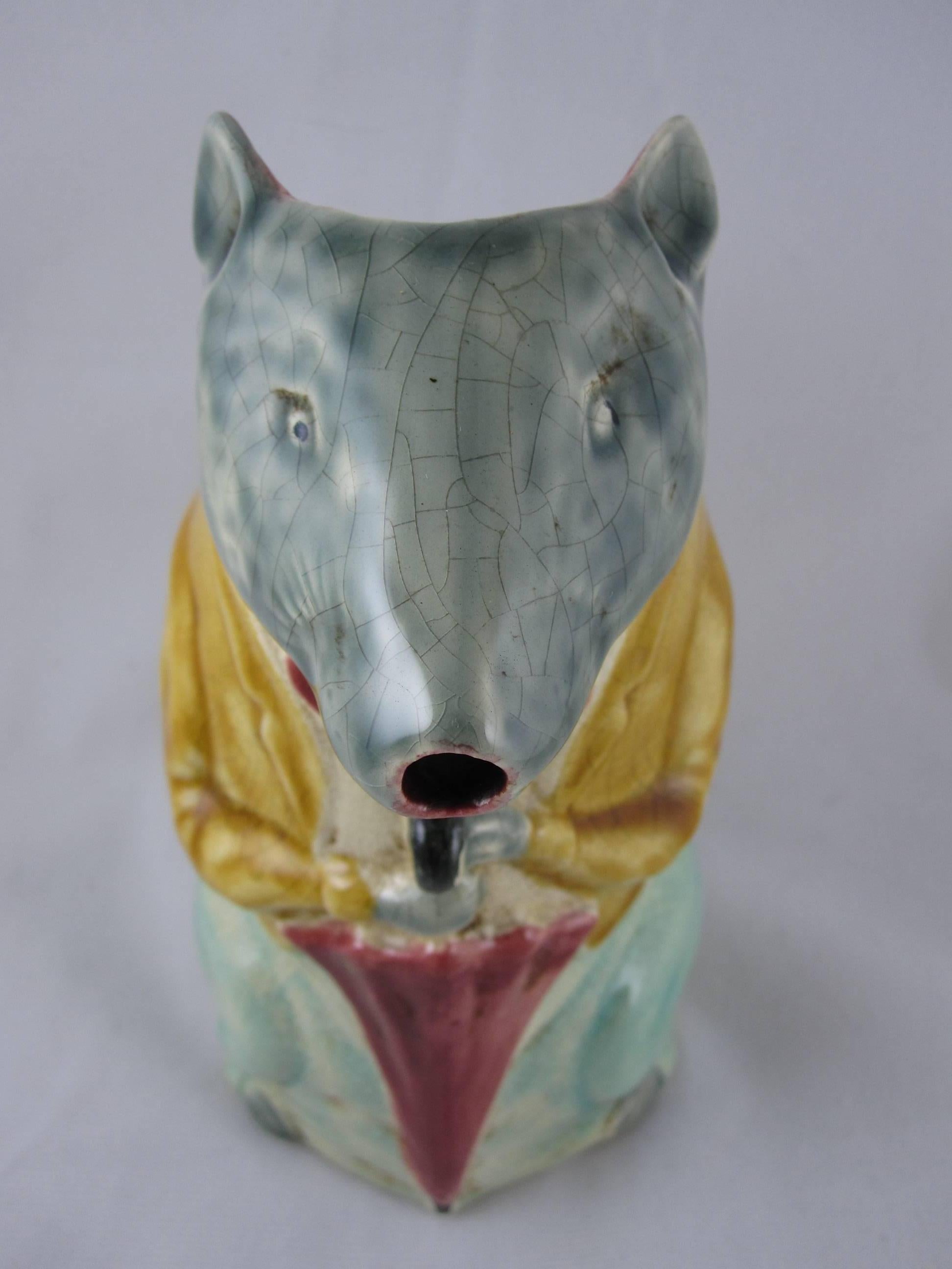 Earthenware 19th Century French Barbotine Majolica Pottery Pitcher City Badger with Umbrella