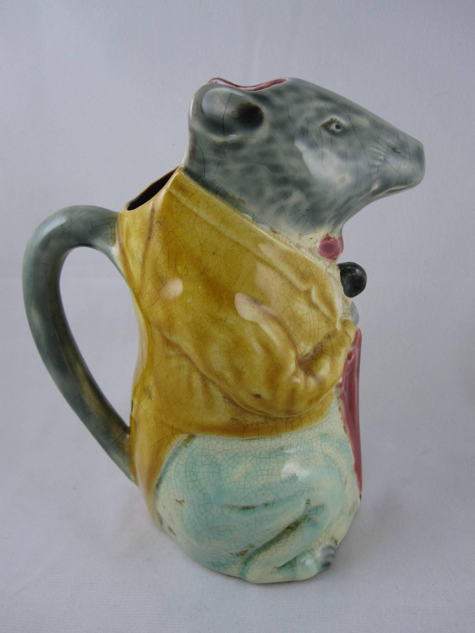 Belle Époque 19th Century French Barbotine Majolica Pottery Pitcher City Badger with Umbrella