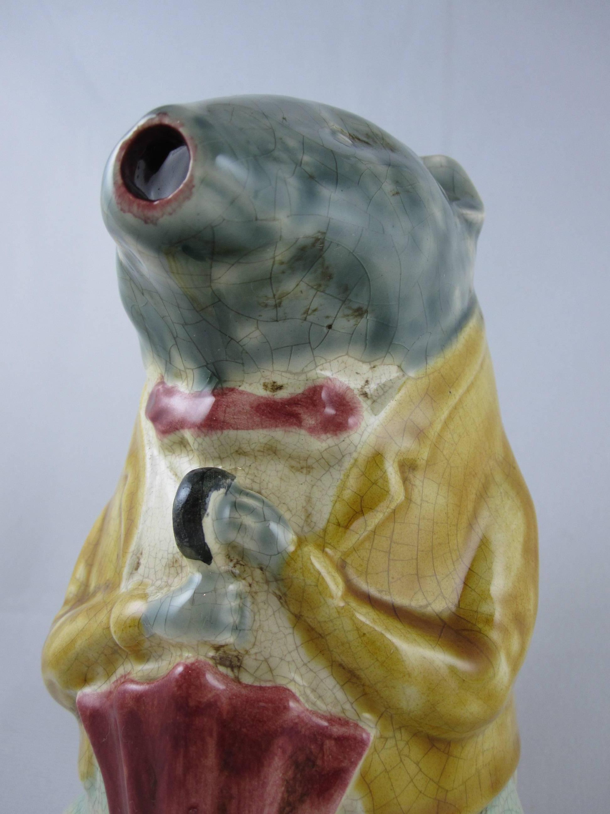 Glazed 19th Century French Barbotine Majolica Pottery Pitcher City Badger with Umbrella