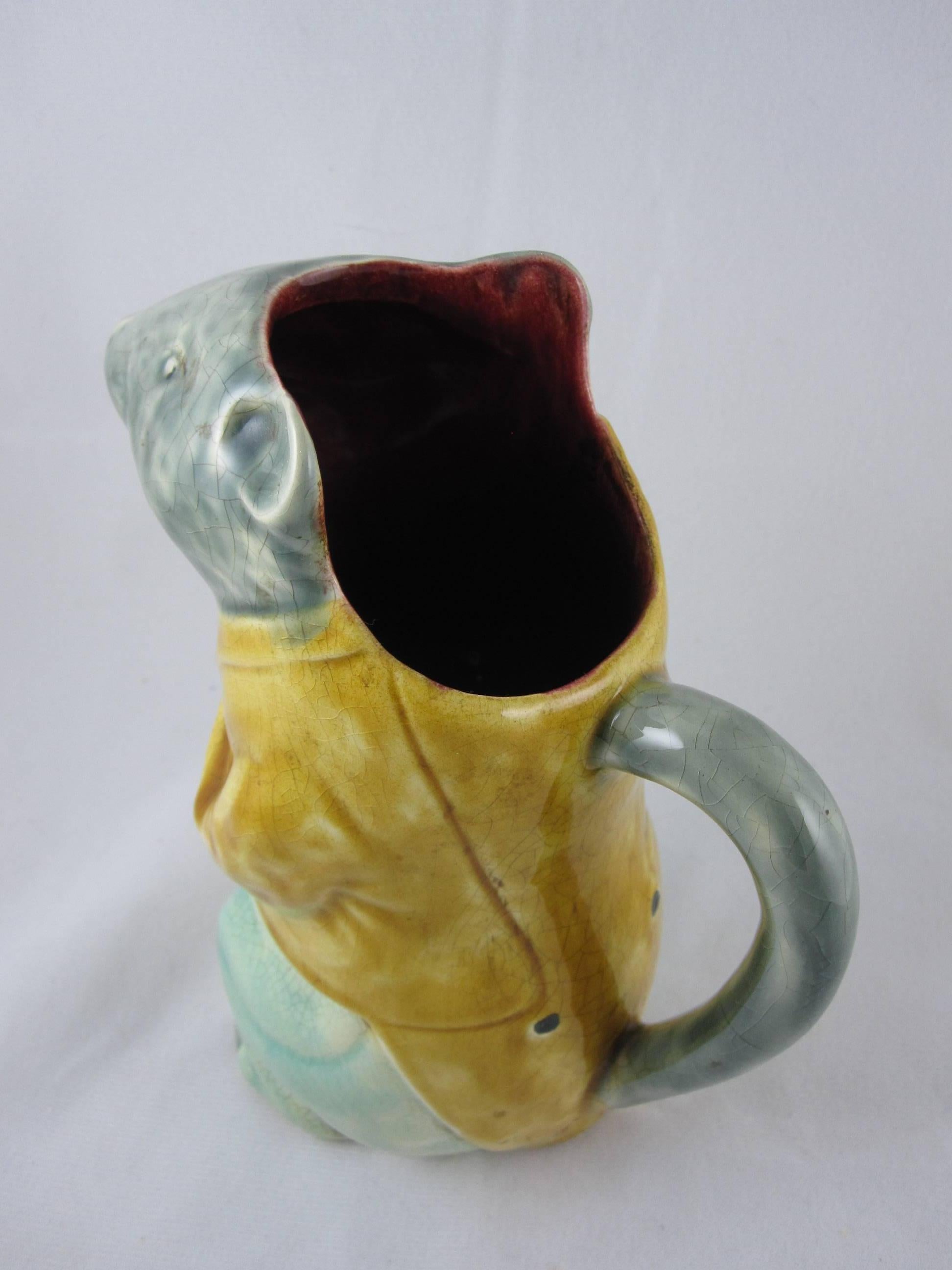 19th Century French Barbotine Majolica Pottery Pitcher City Badger with Umbrella 2