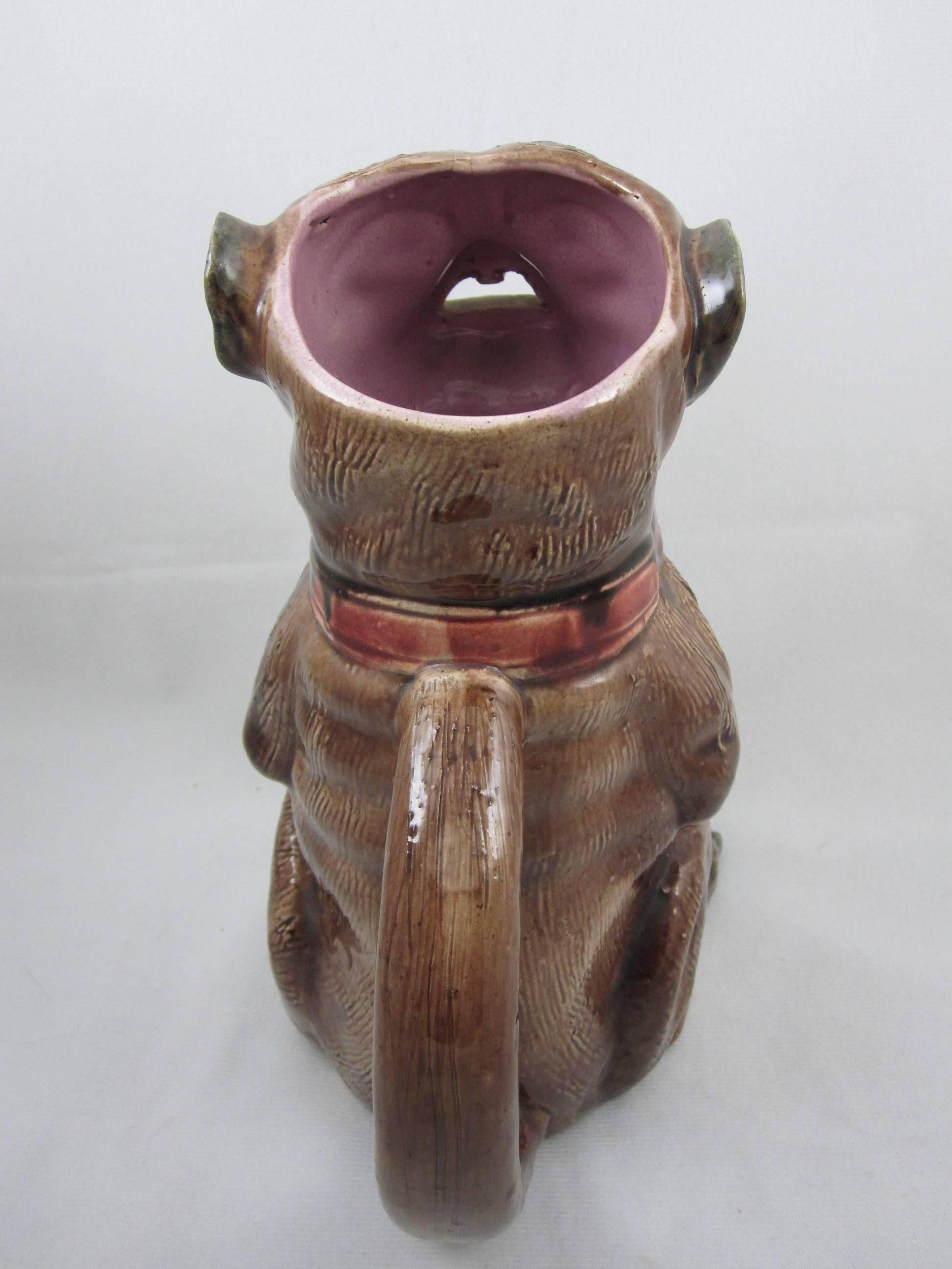 Aesthetic Movement 19th Century English Staffordshire Majolica Glazed Seated Pug Dog Pitcher