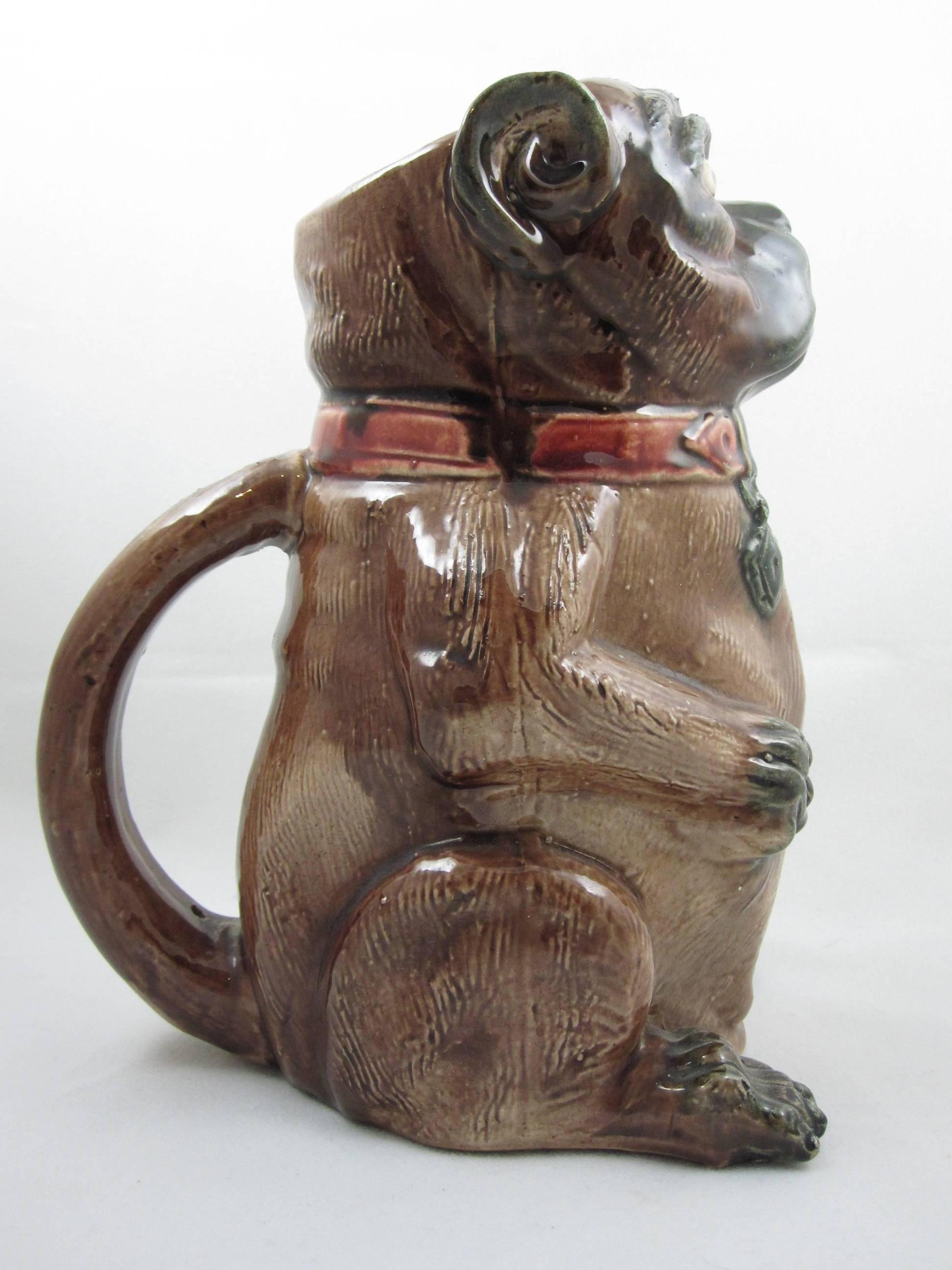 19th Century English Staffordshire Majolica Glazed Seated Pug Dog Pitcher In Good Condition In Philadelphia, PA