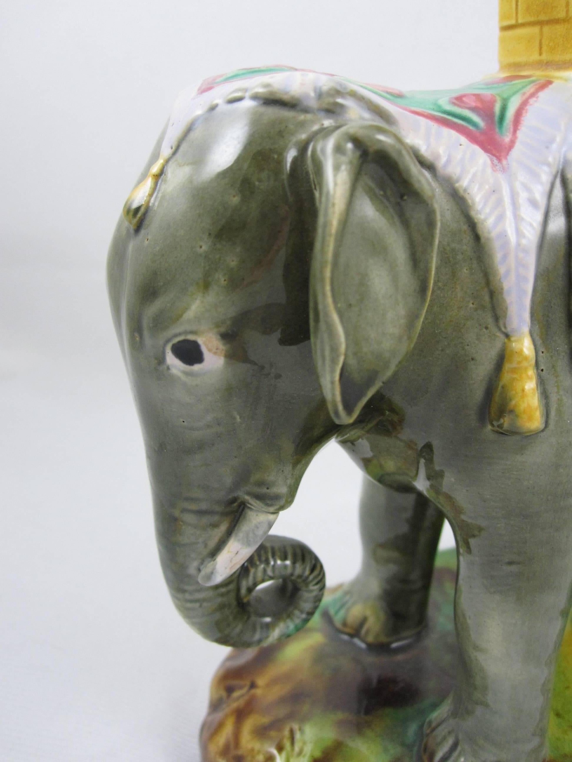 Victorian 19th Century Staffordshire Majolica Glazed Elephant and Castle Rook Spill Vase